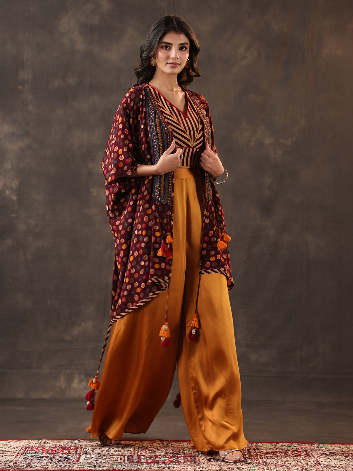 Wine yellow crepe silk jacket style palazzo suit