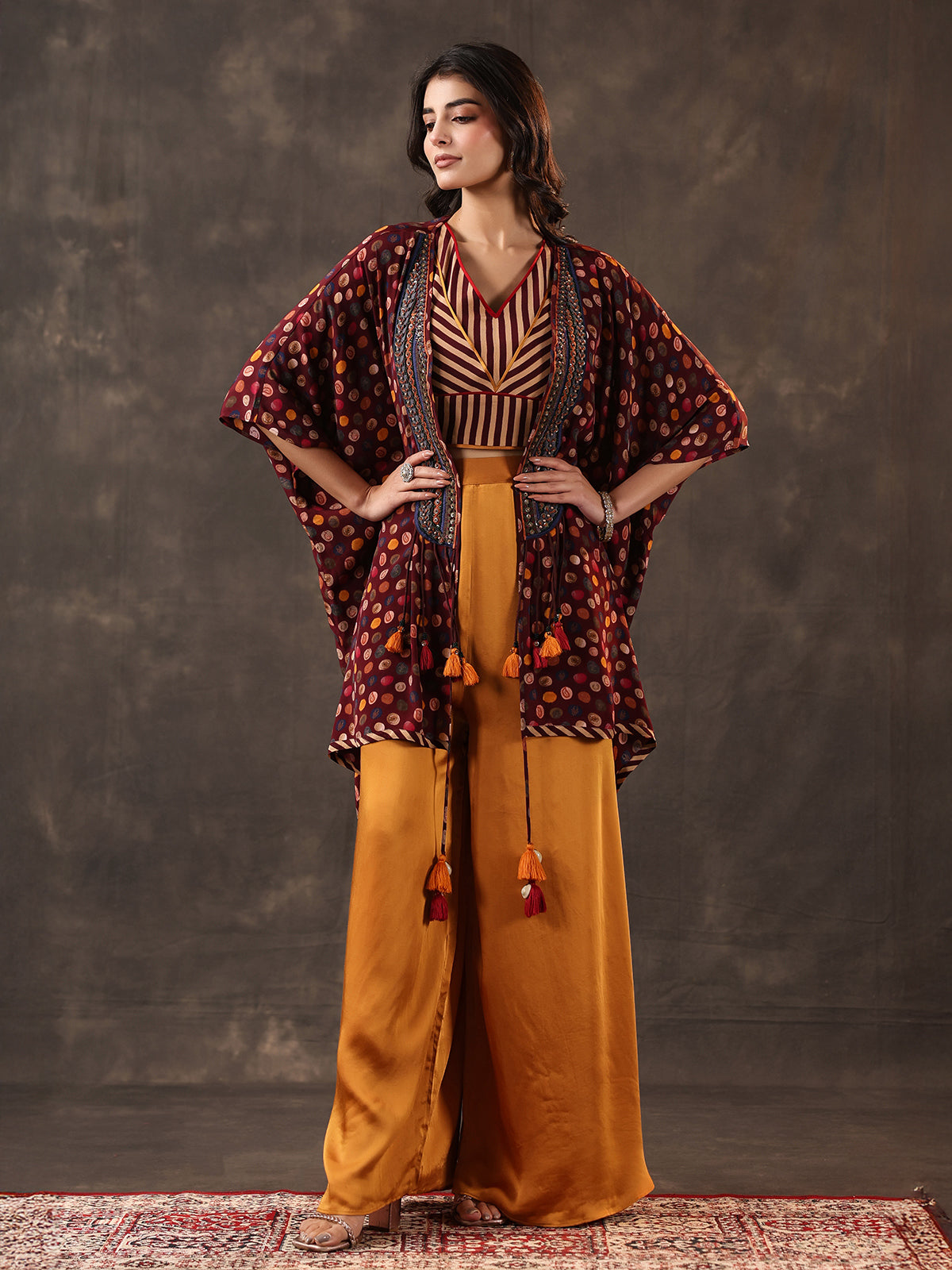 Wine yellow crepe silk jacket style palazzo suit