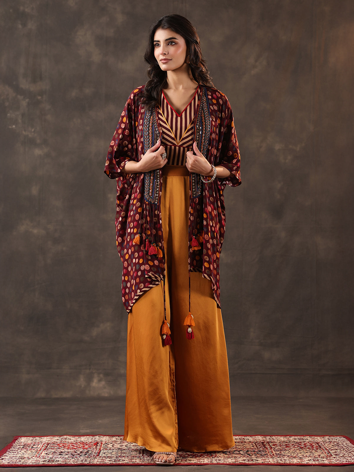 Wine yellow crepe silk jacket style palazzo suit