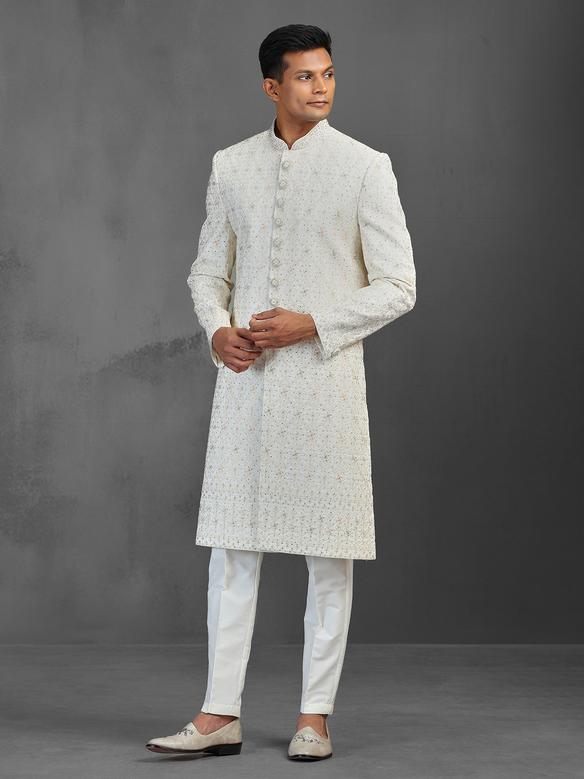 Beige silk sherwani with thread work