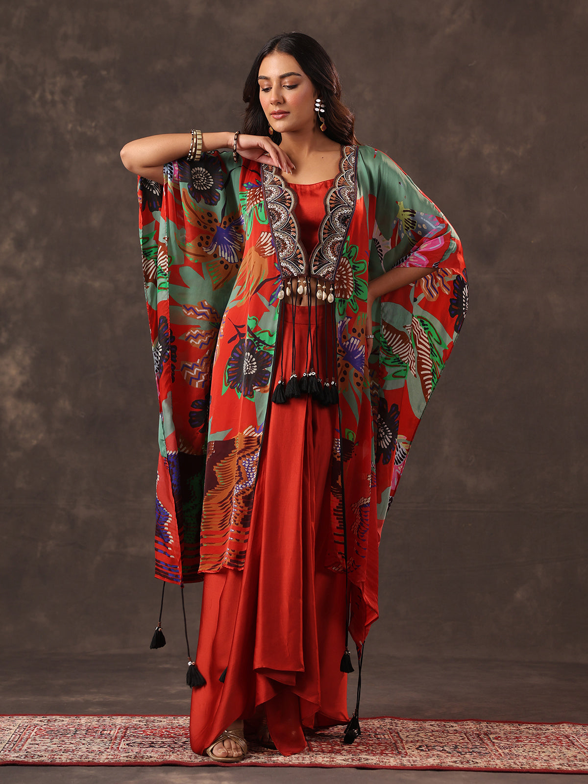 Red crepe silk kaftan style indo western suit