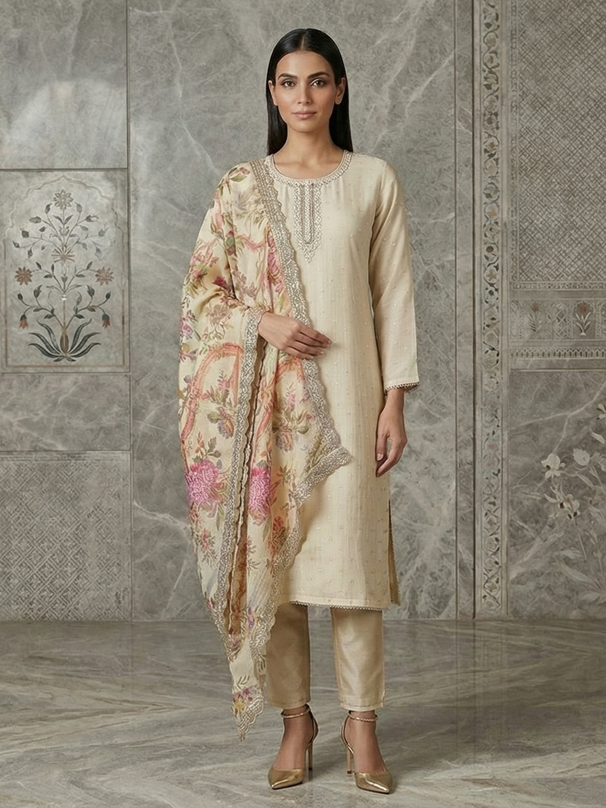 Cream silk straight cut salwar suit festive wear