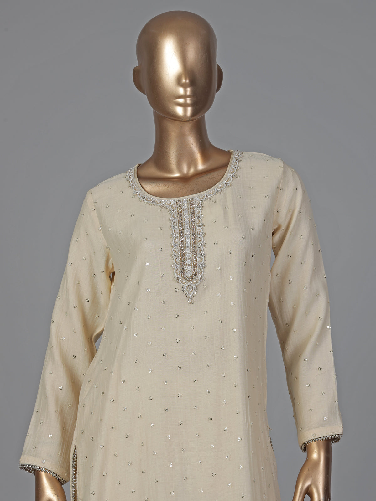Cream silk straight cut salwar suit festive wear
