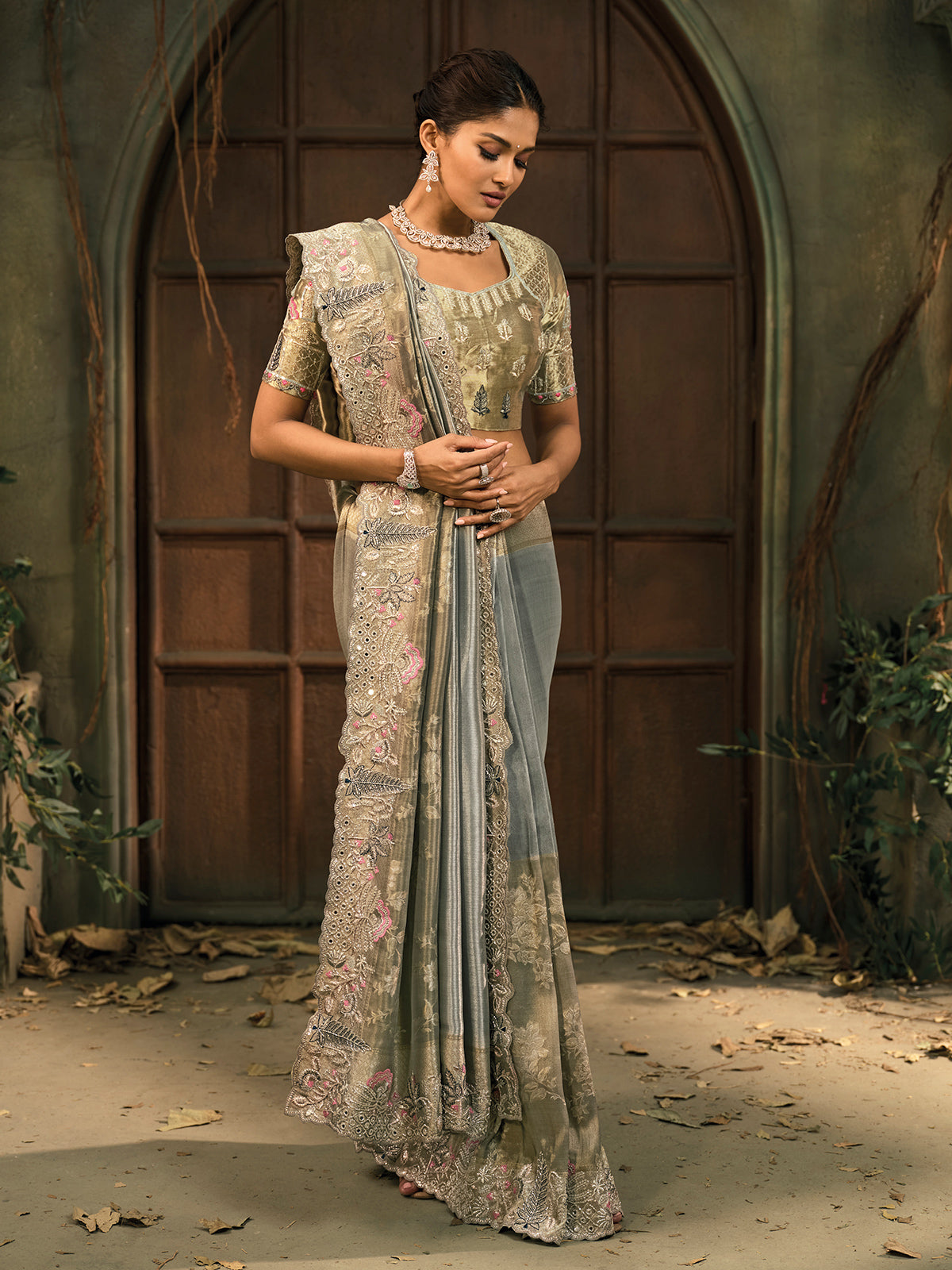 Pastel blue shaded ziraf silk wedding saree