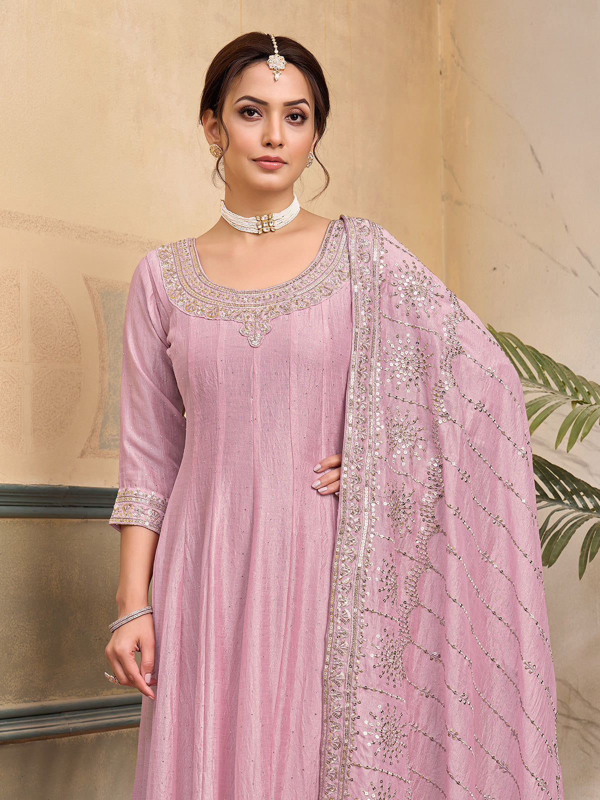 Pink chiffon silk embroidered work anarkali suit
