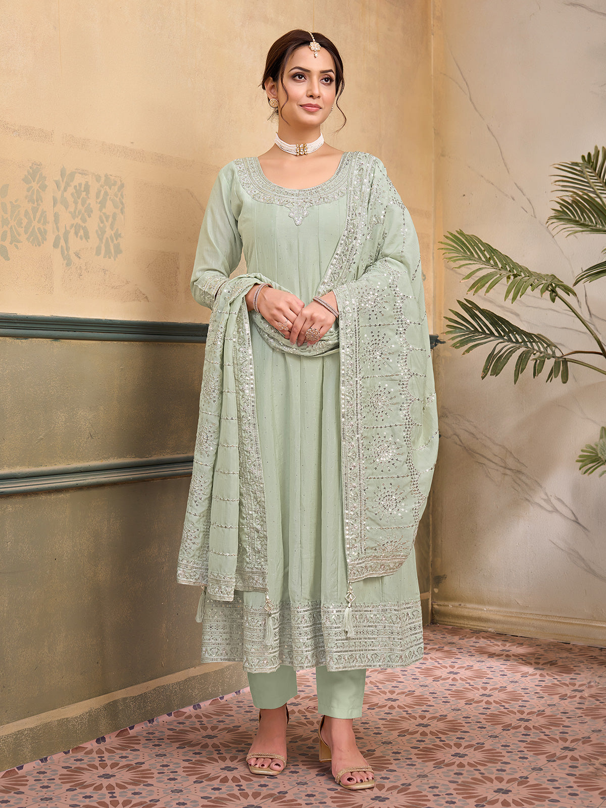 Mint green chiffon silk anarkali festive embroidered suit
