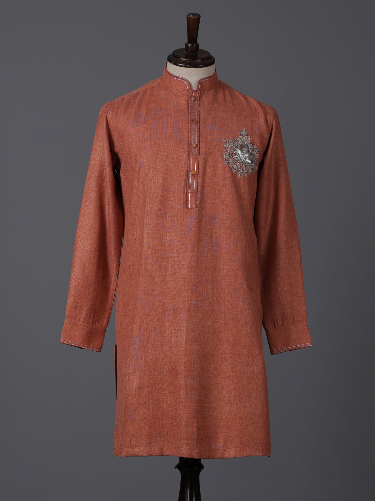 Dark peach linen kurta suit with brotch