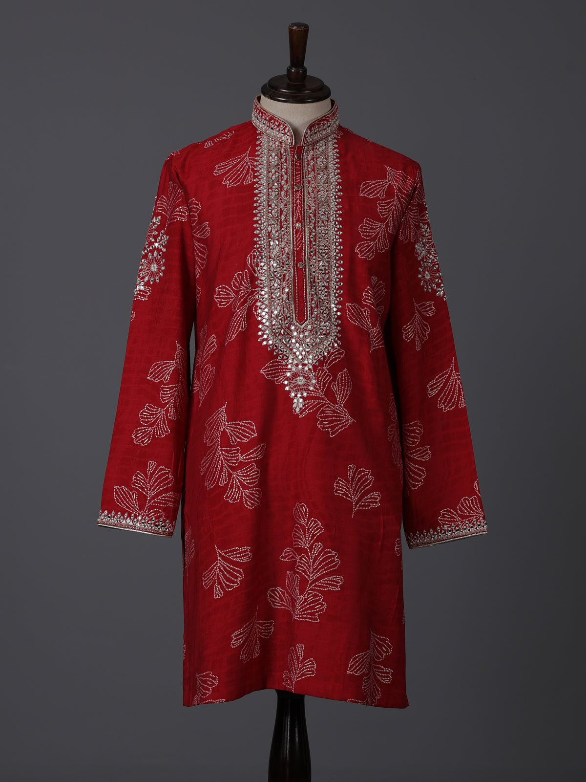 Red silk printed aabla work festive kurta suit