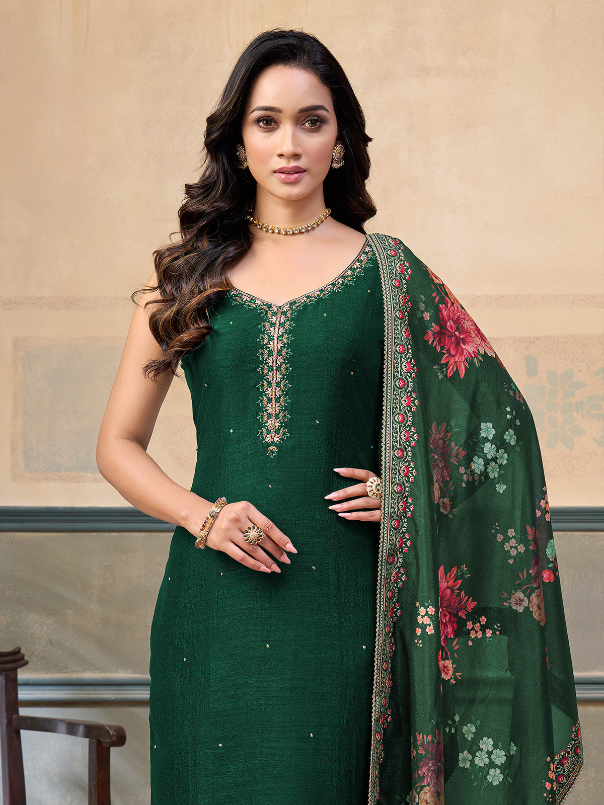 Dark green silk sleeveless embellished festive salwar suit