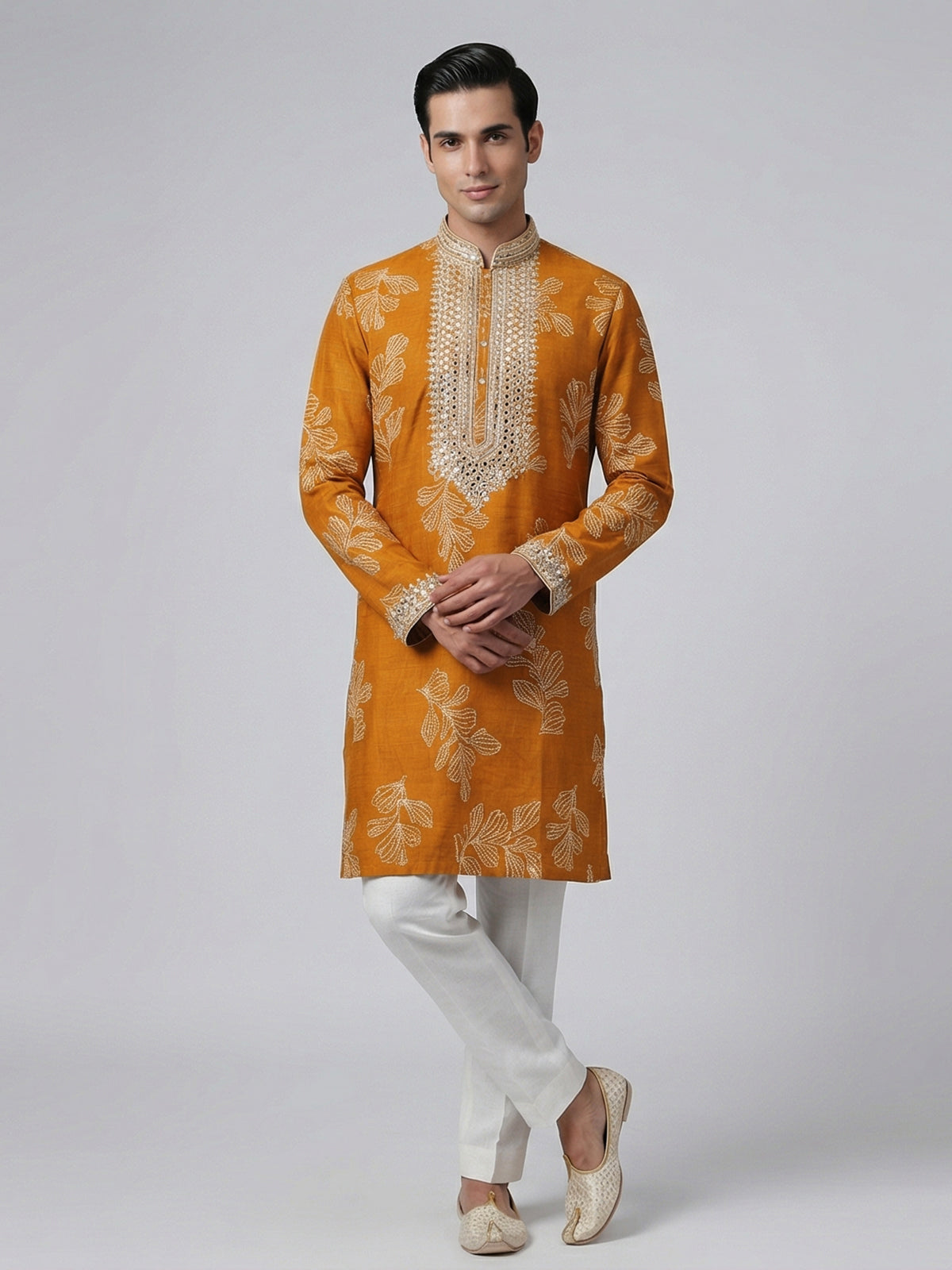 Mustard yellow silk aabla work haldi festive kurta suit