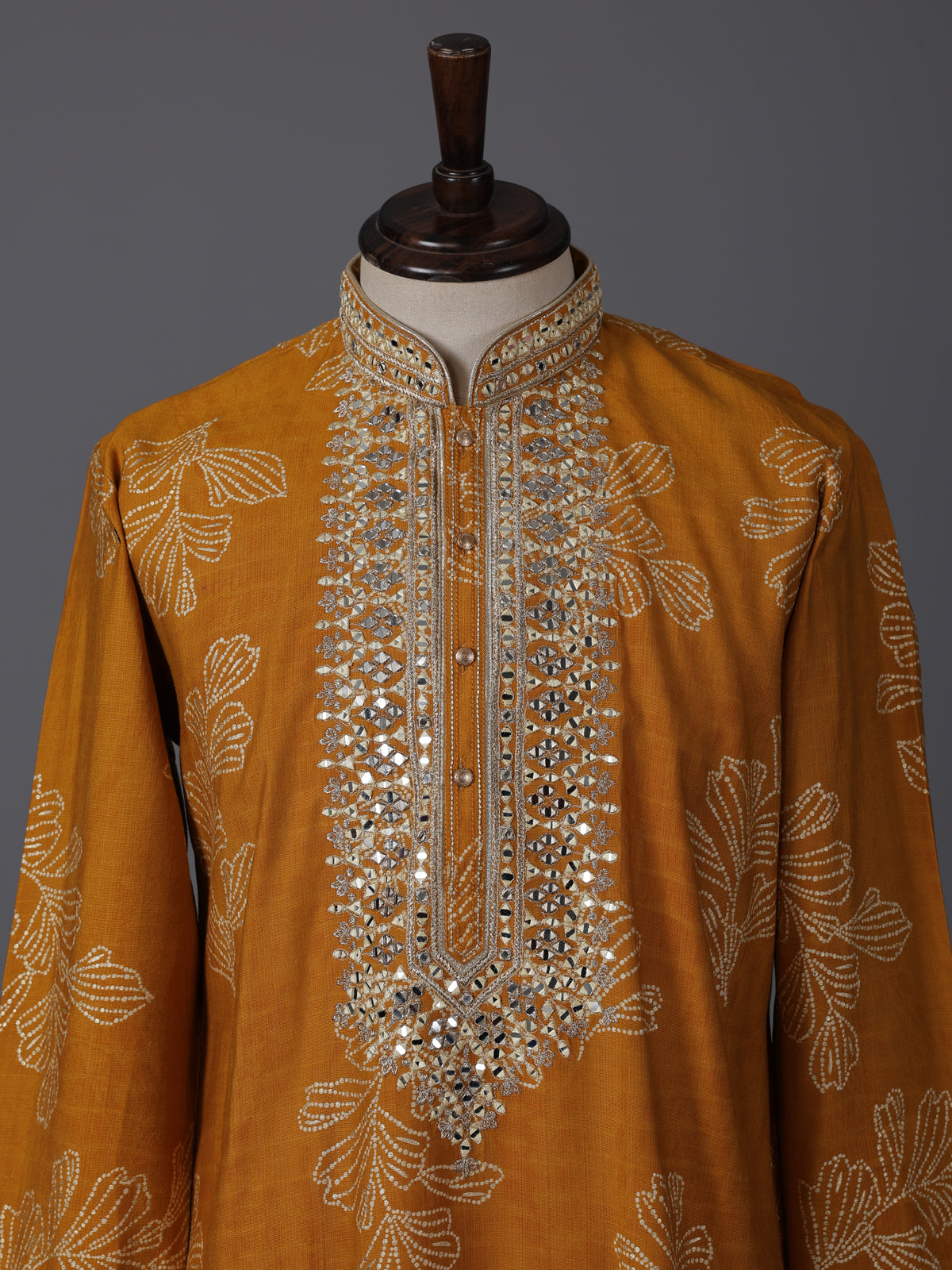 Mustard yellow silk aabla work haldi festive kurta suit