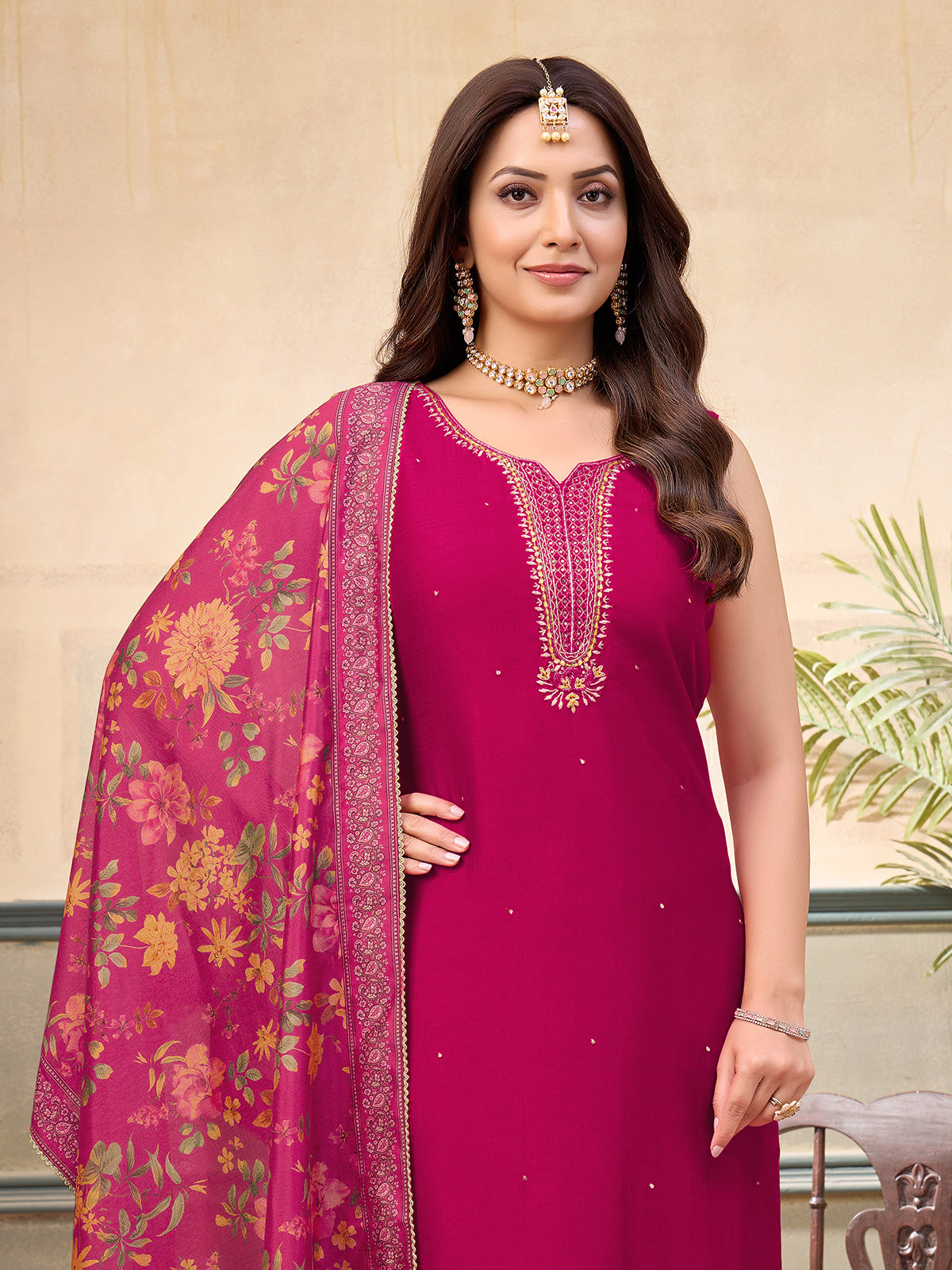 Rani pink silk mirror embellished festive sleeveless salwar suit