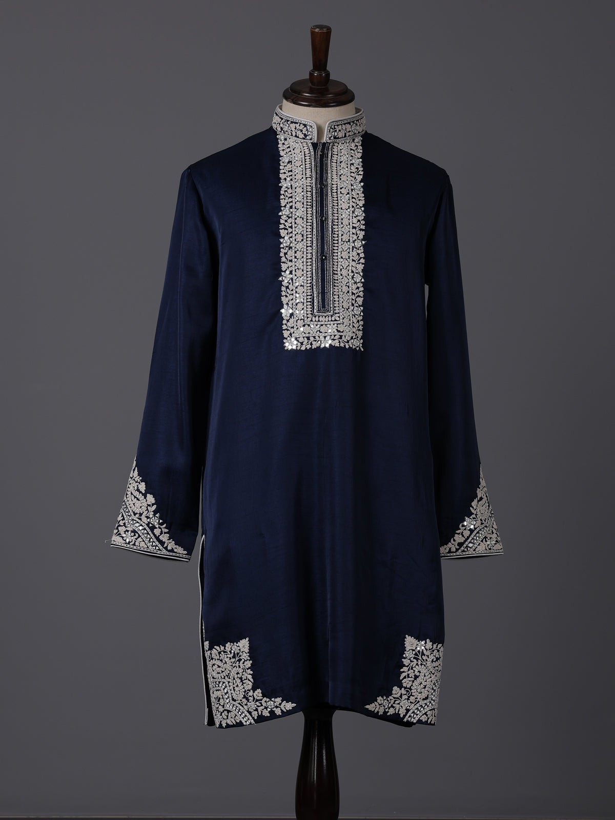 Navy blue silk aabla work festive kurta suit