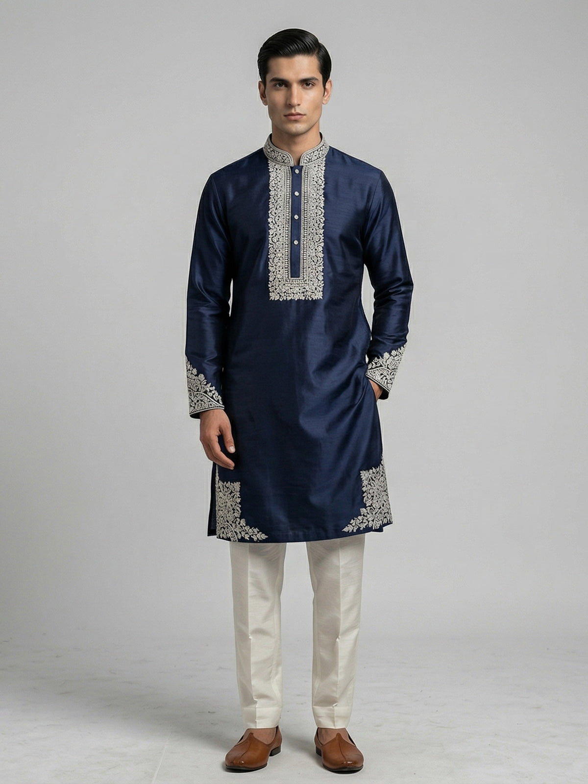 Navy blue silk aabla work festive kurta suit