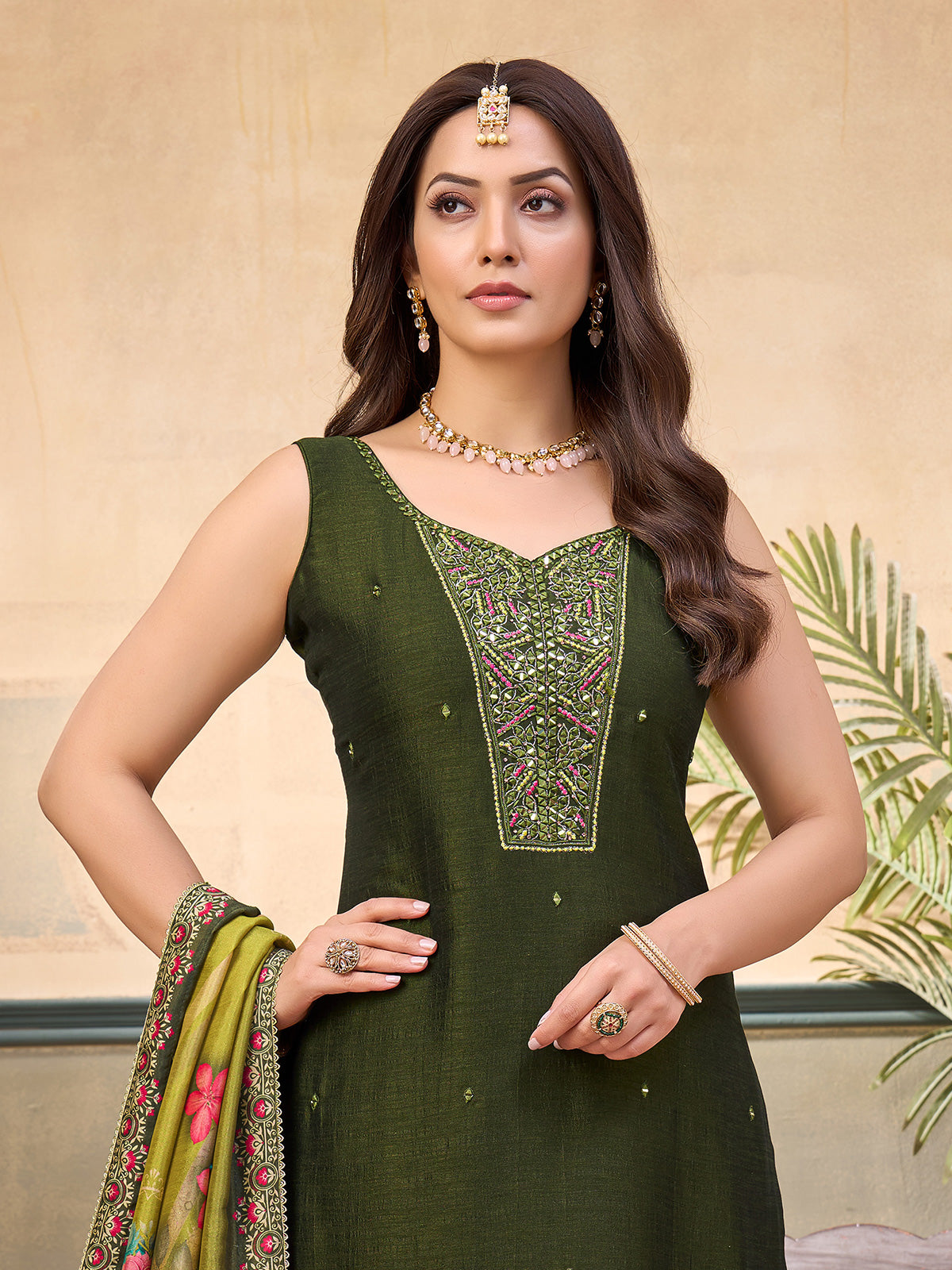 Mehendi green silk aabla embellished festive sleeveless salwar suit