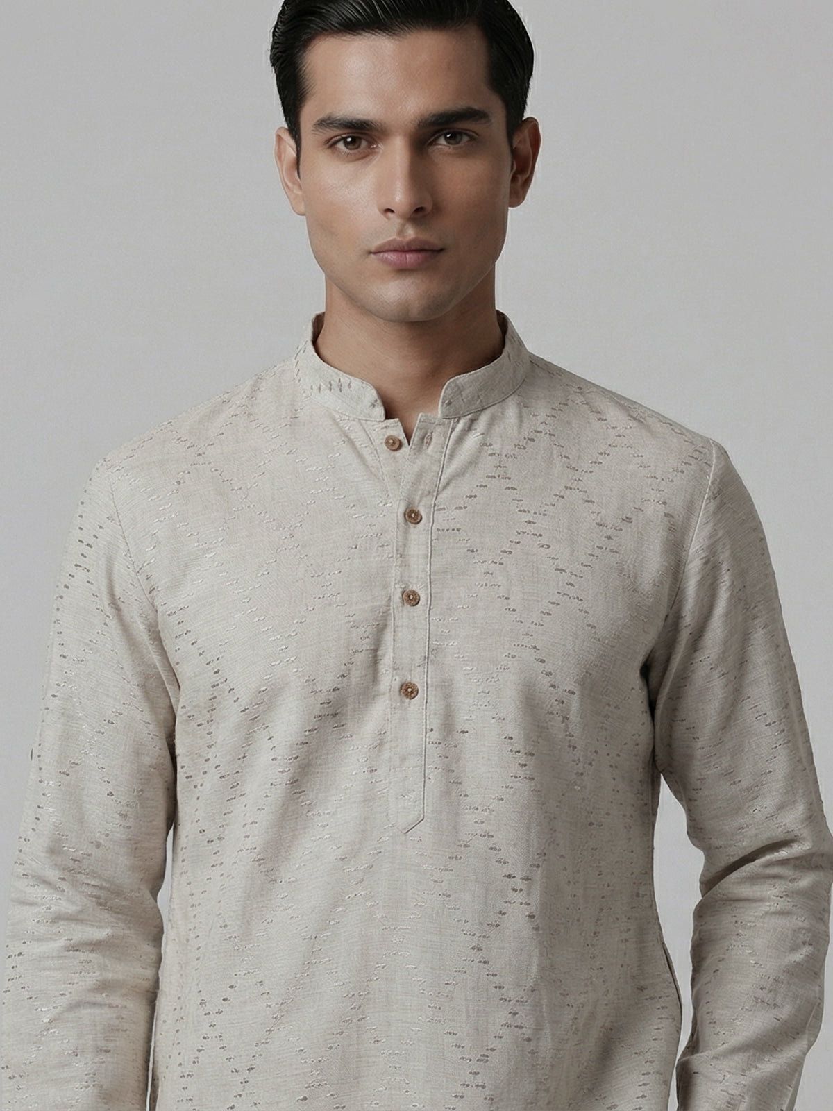 Beige cotton linen thread work festive kurta