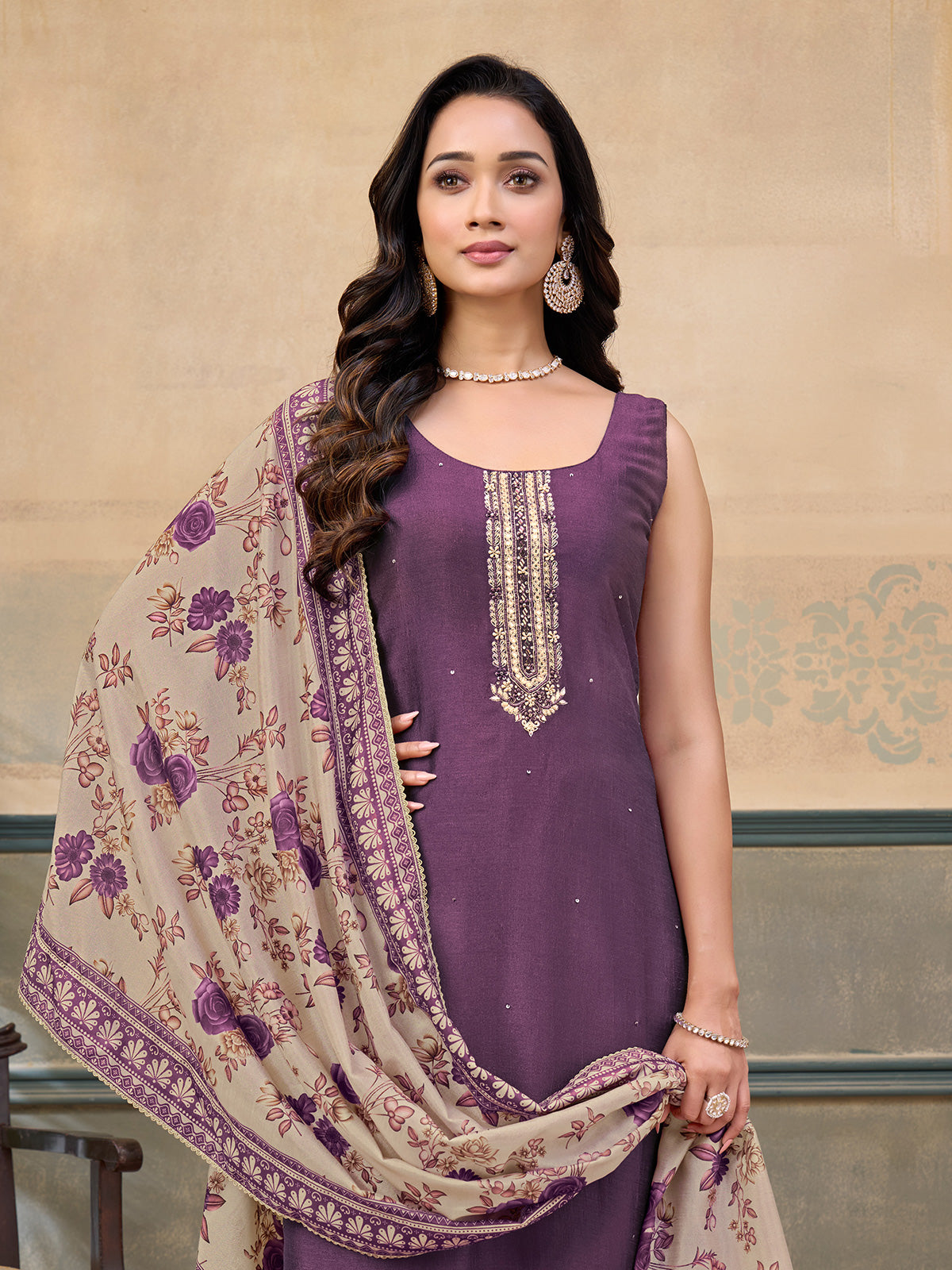 Purple silk round neck embellished festive sleeveless salwar suit