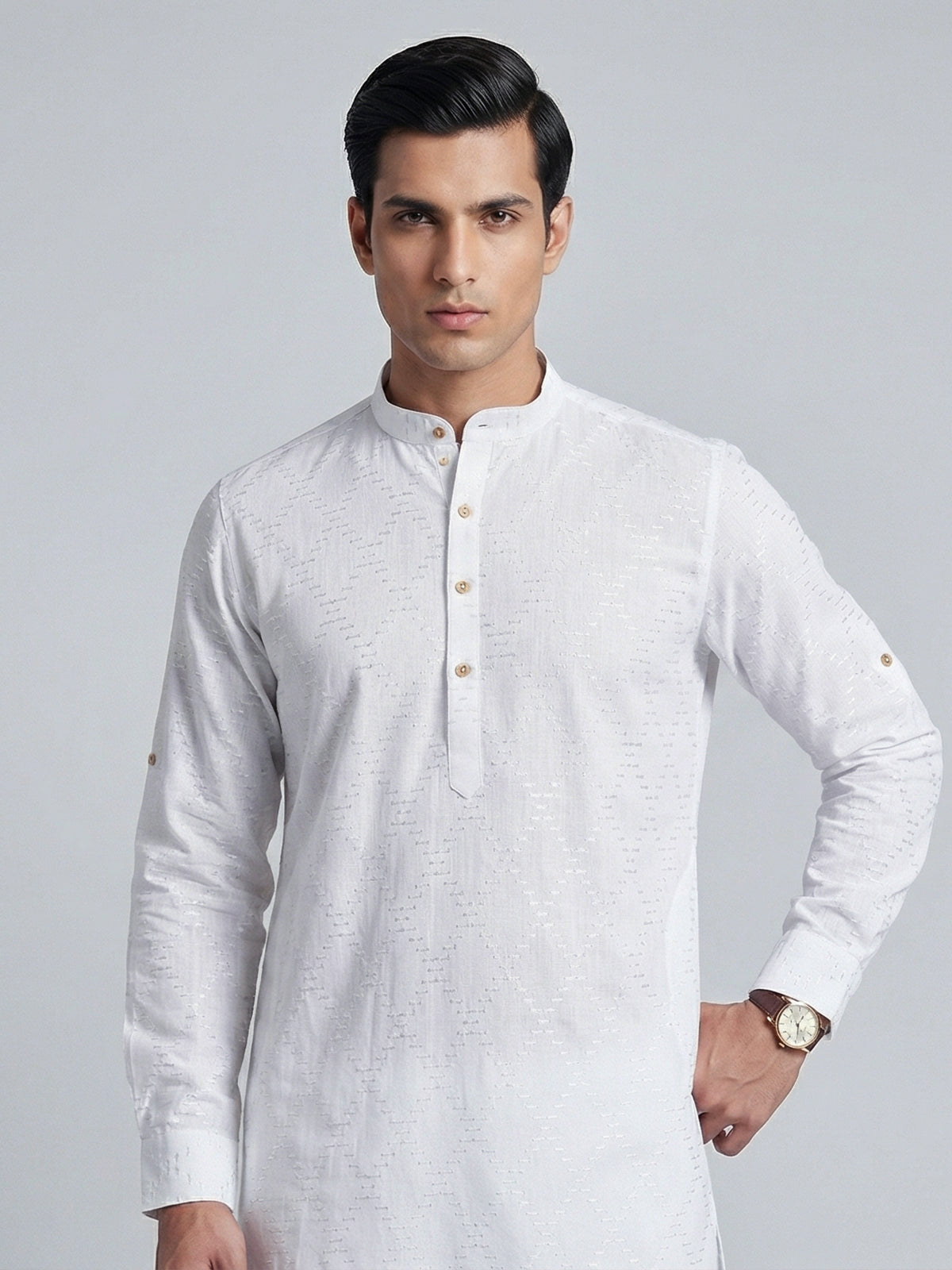 White cotton linen thread work classic festive kurta