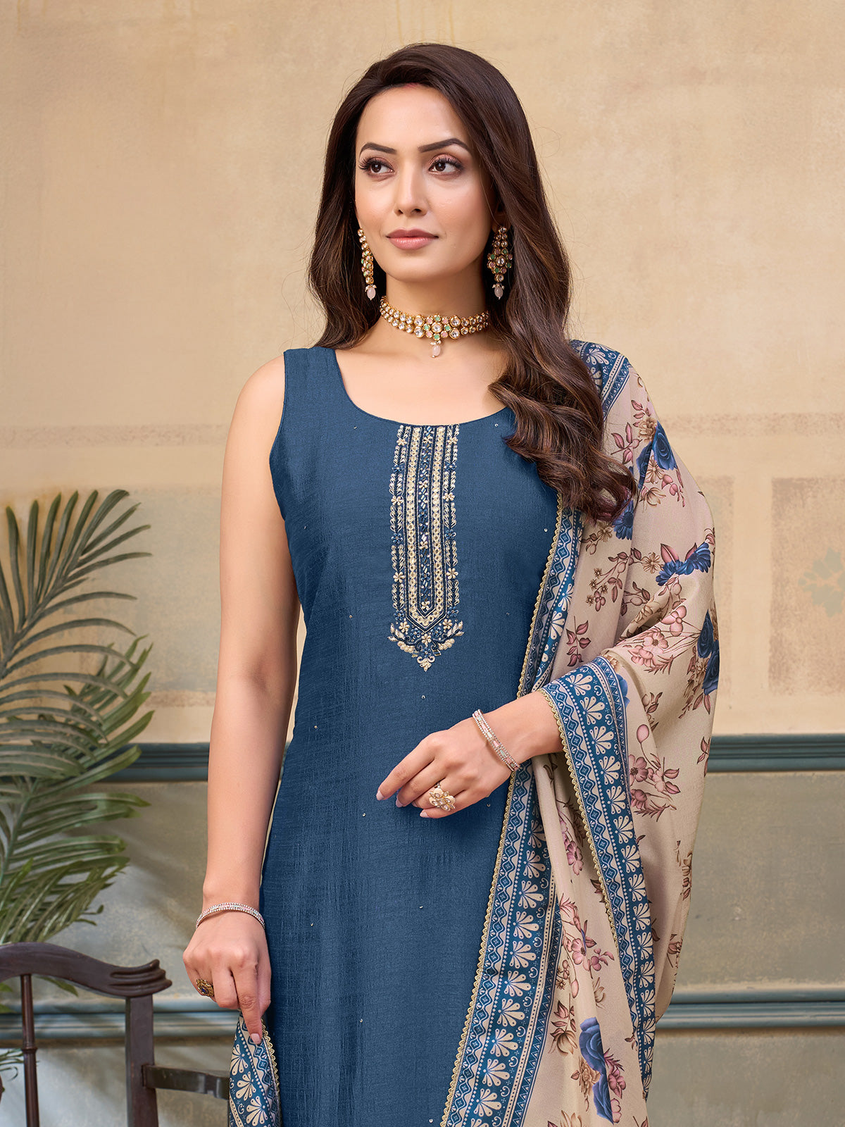 Stone blue silk round neck embellished festive salwar suit