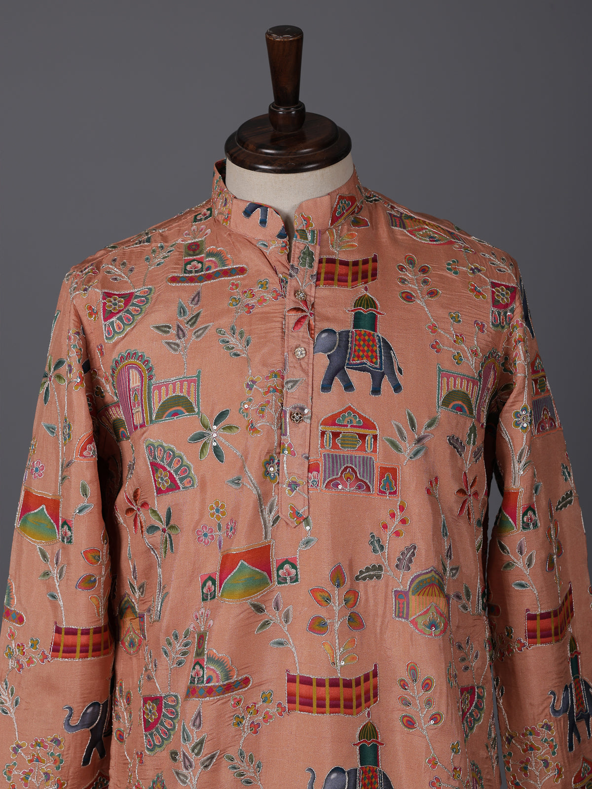 Peach silk printed thread sequins festive kurta