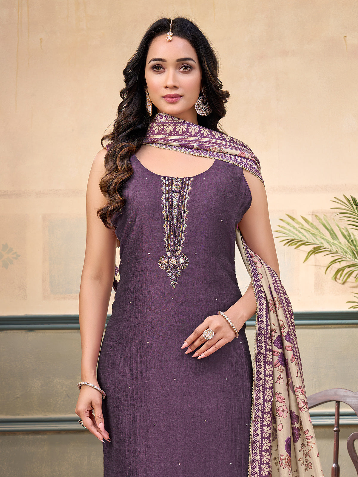 Purple silk sleeveless embellished straight cut salwar suit