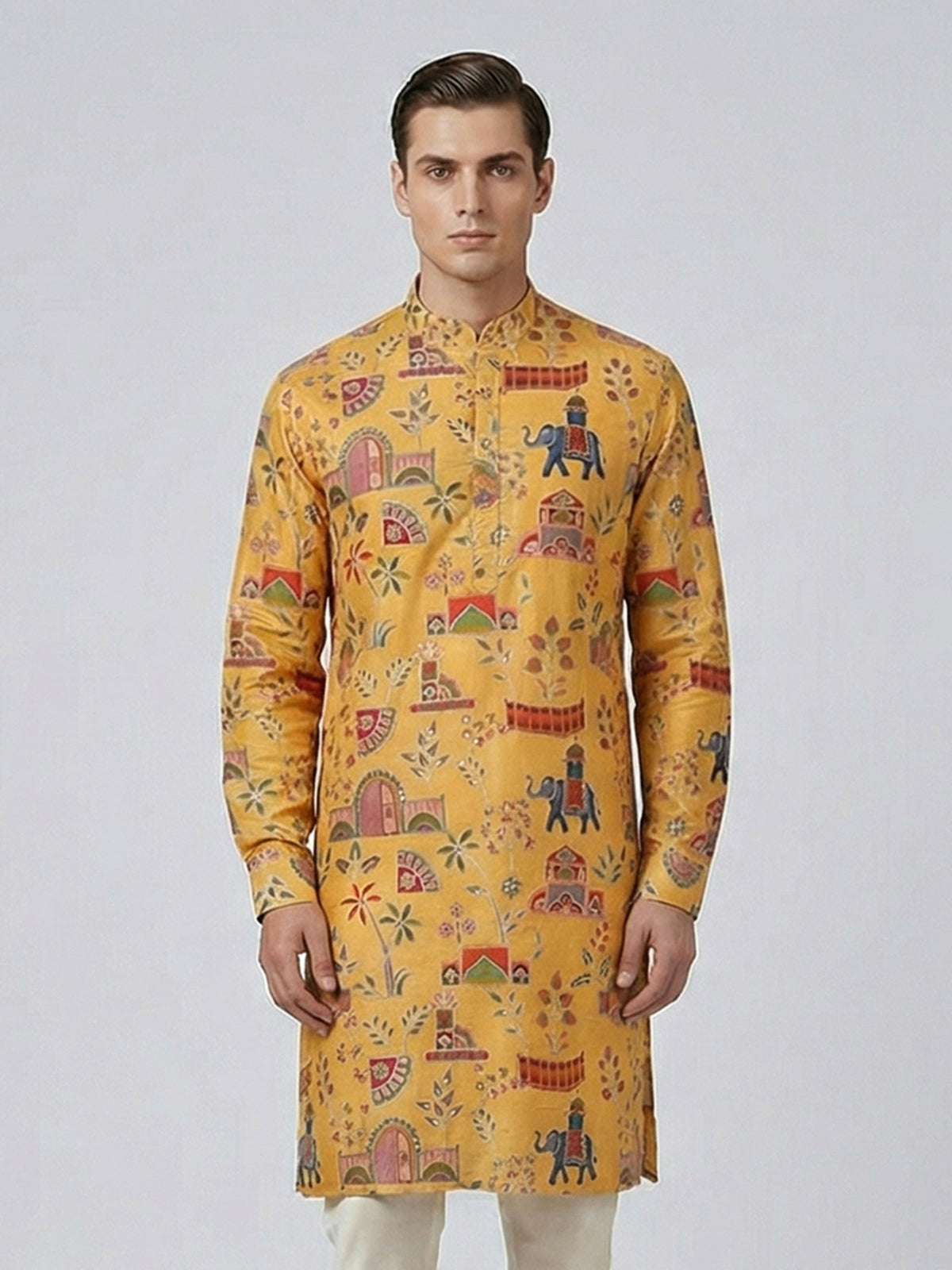Yellow silk printed thread work haldi festive kurta