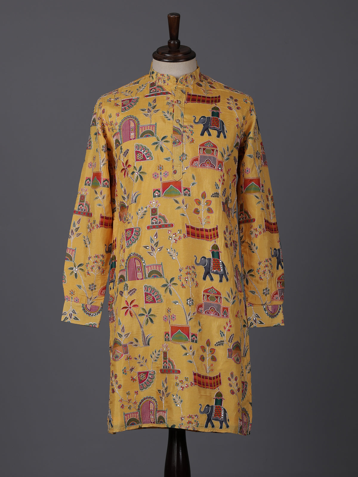 Yellow silk printed thread work haldi festive kurta