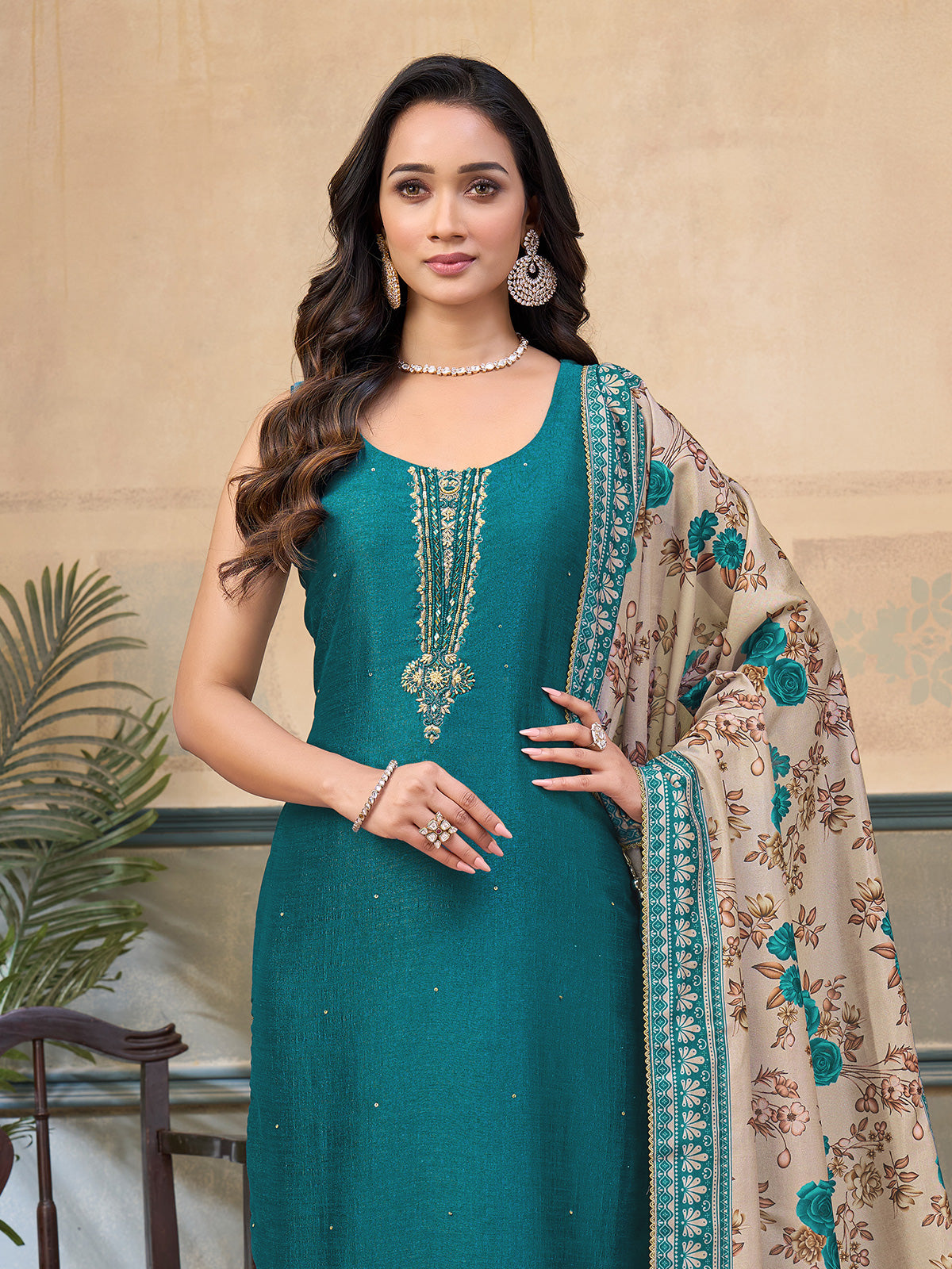 Aqua silk sleeveless embellished festive straight cut salwar suit