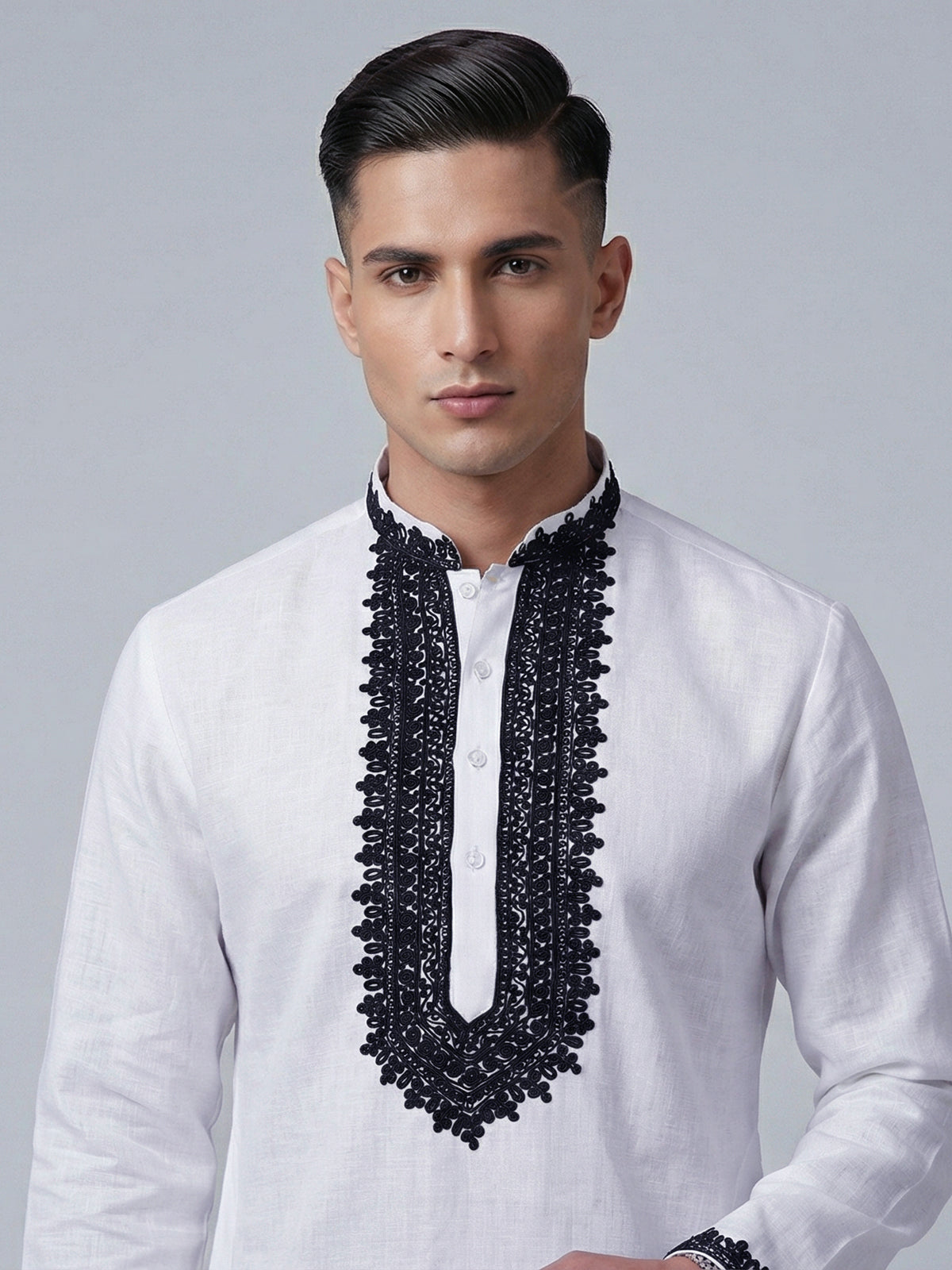 White cotton linen thread work elegant festive kurta