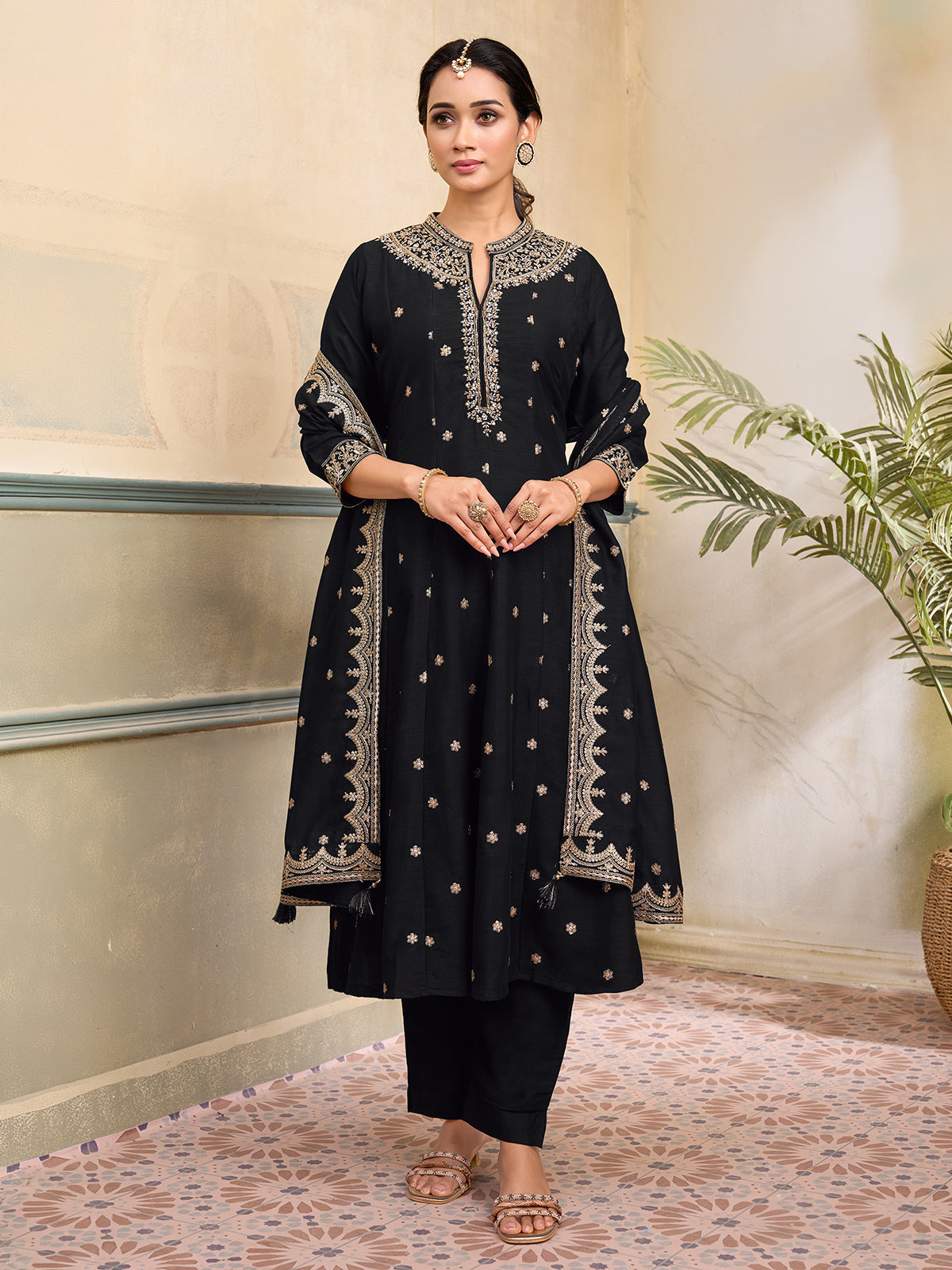 Black silk anarkali embellished festive stand collar salwar suit