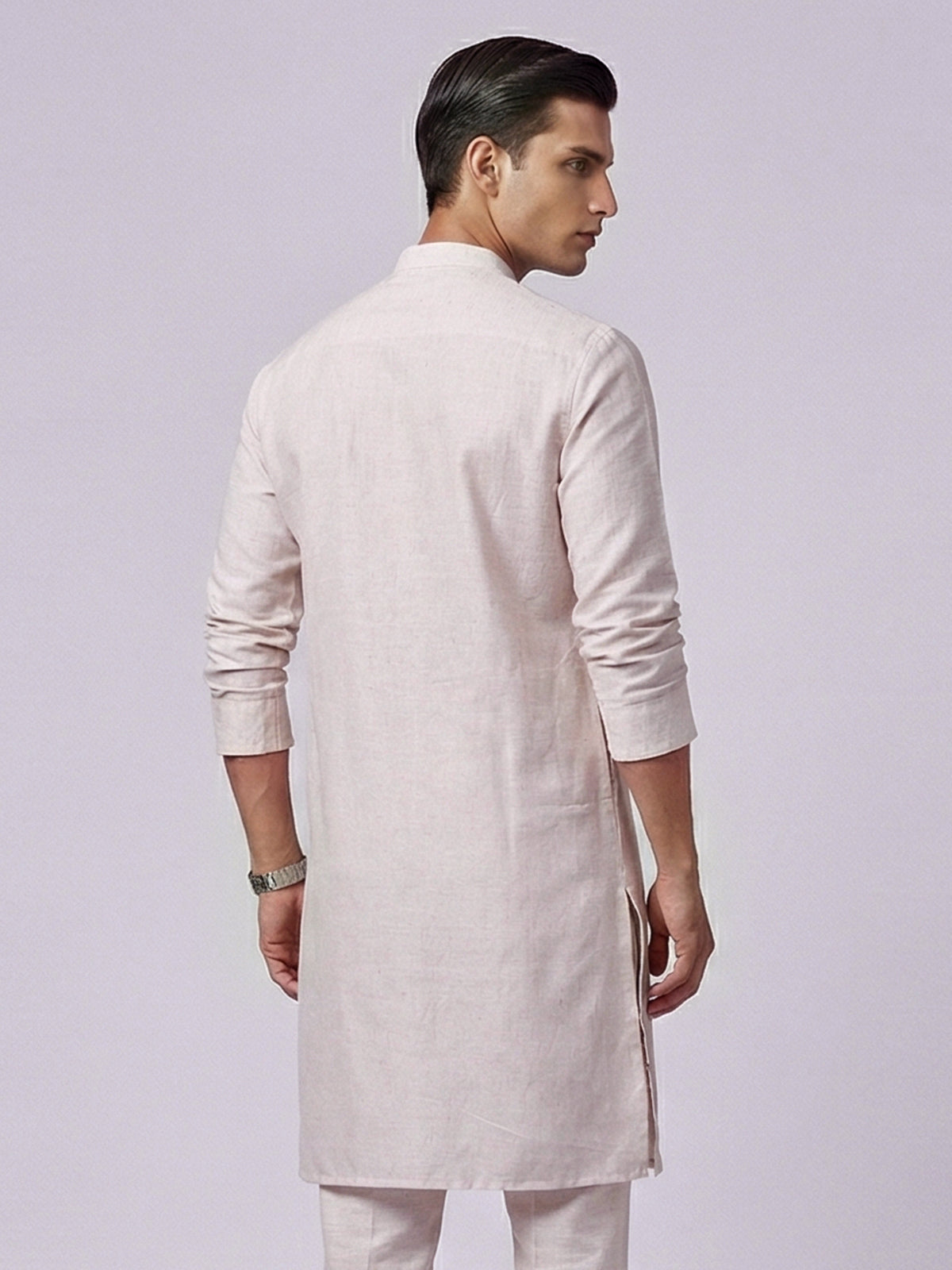 Beige cotton linen thread work wedding festive kurta
