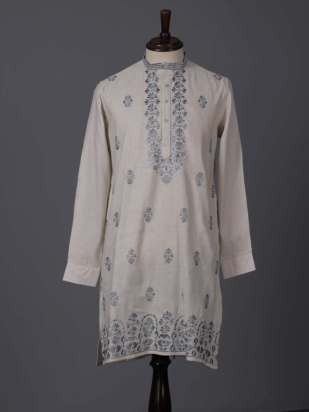 Beige linen embroidered classic wedding festive kurta
