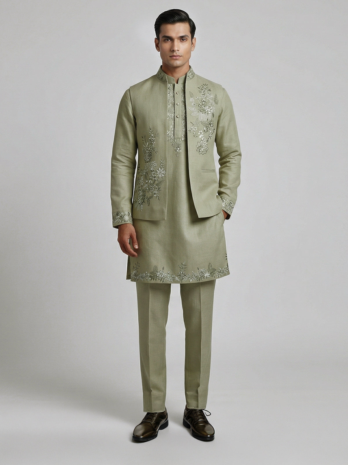 Dusty pista green embroidered festive waistcoat set in silk