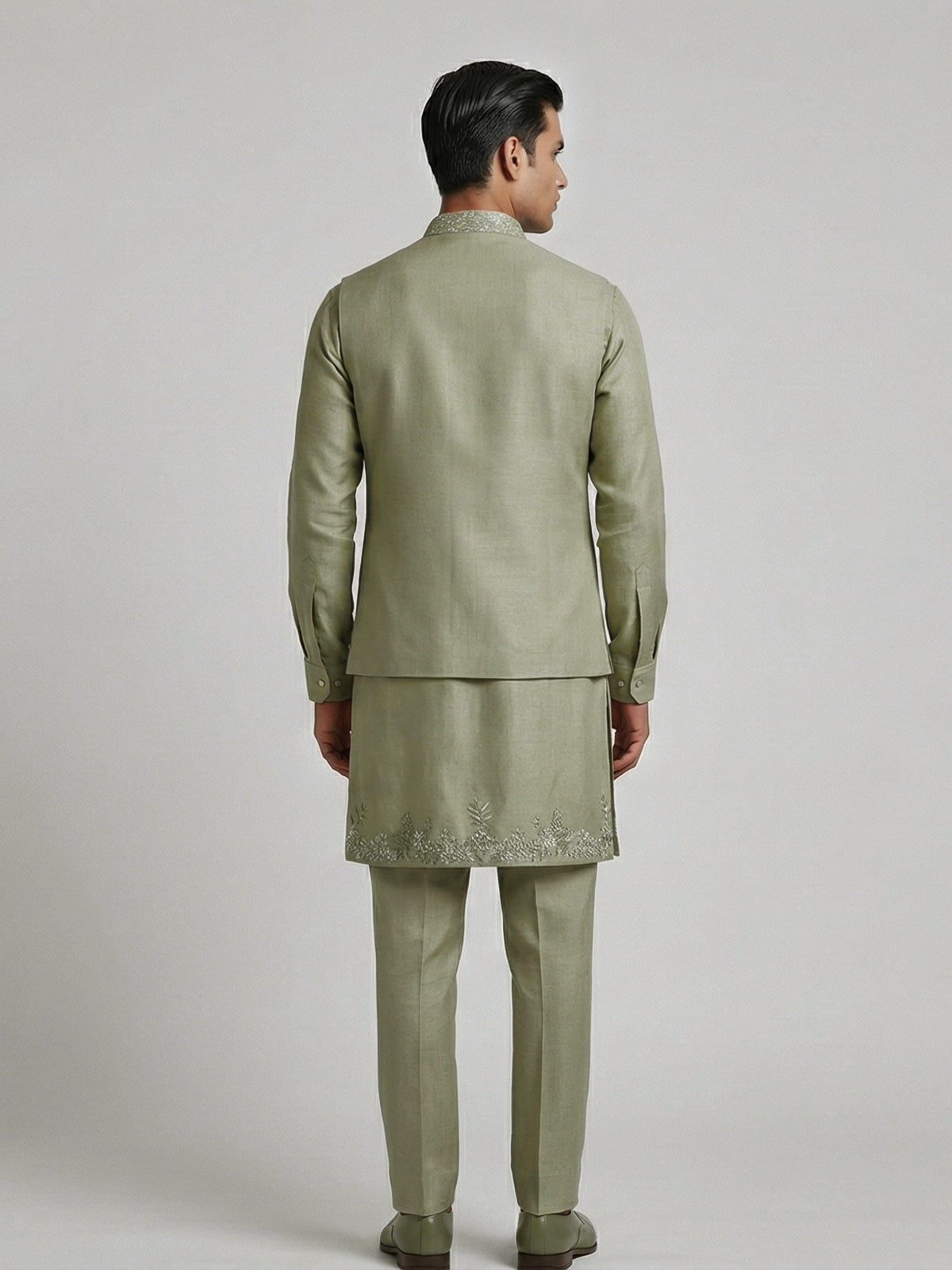 Dusty pista green embroidered festive waistcoat set in silk