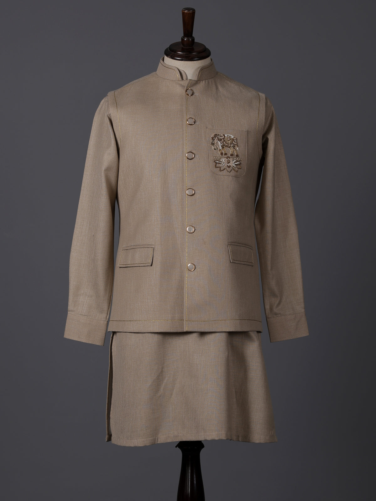 Beige linen zardosi embellished festive waistcoat set
