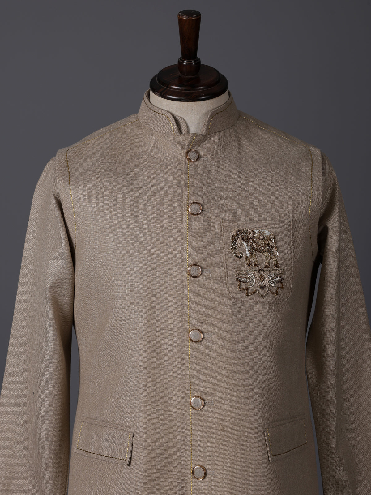 Beige linen zardosi embellished festive waistcoat set