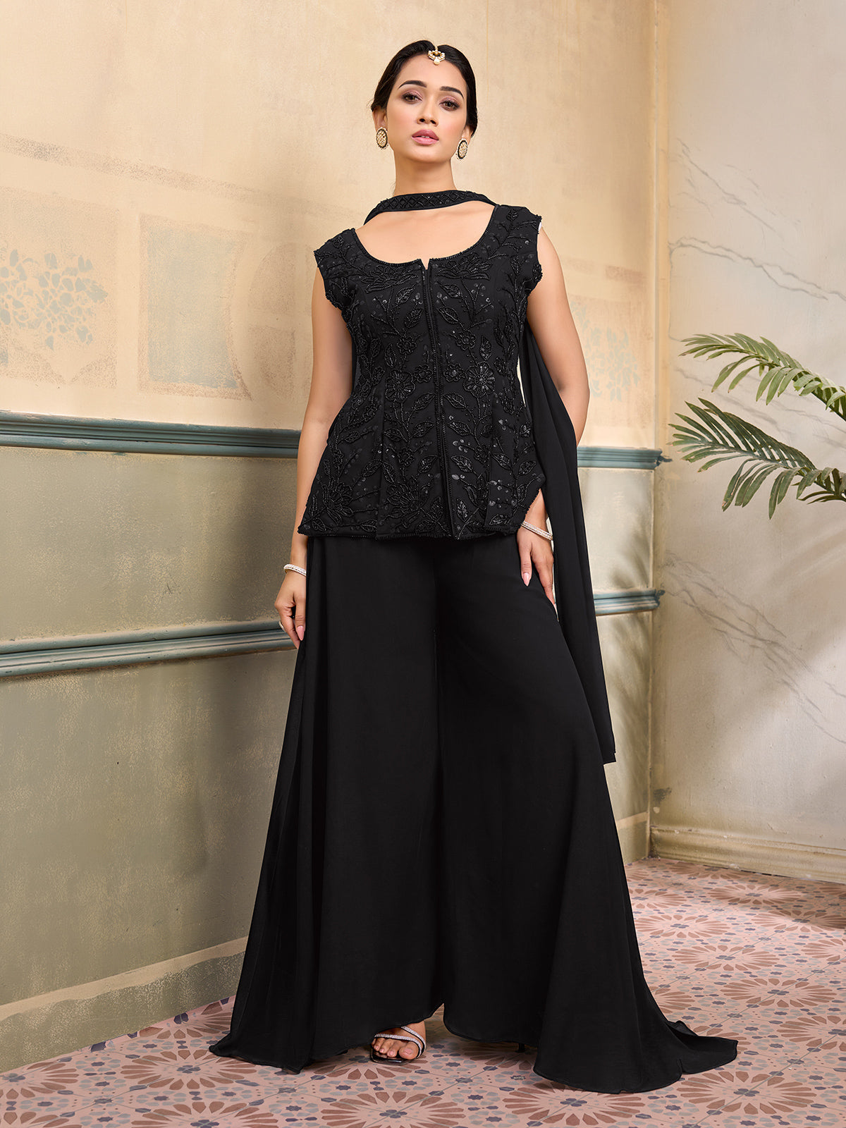 Black georgette embellished sleeveless festive palazzo suit