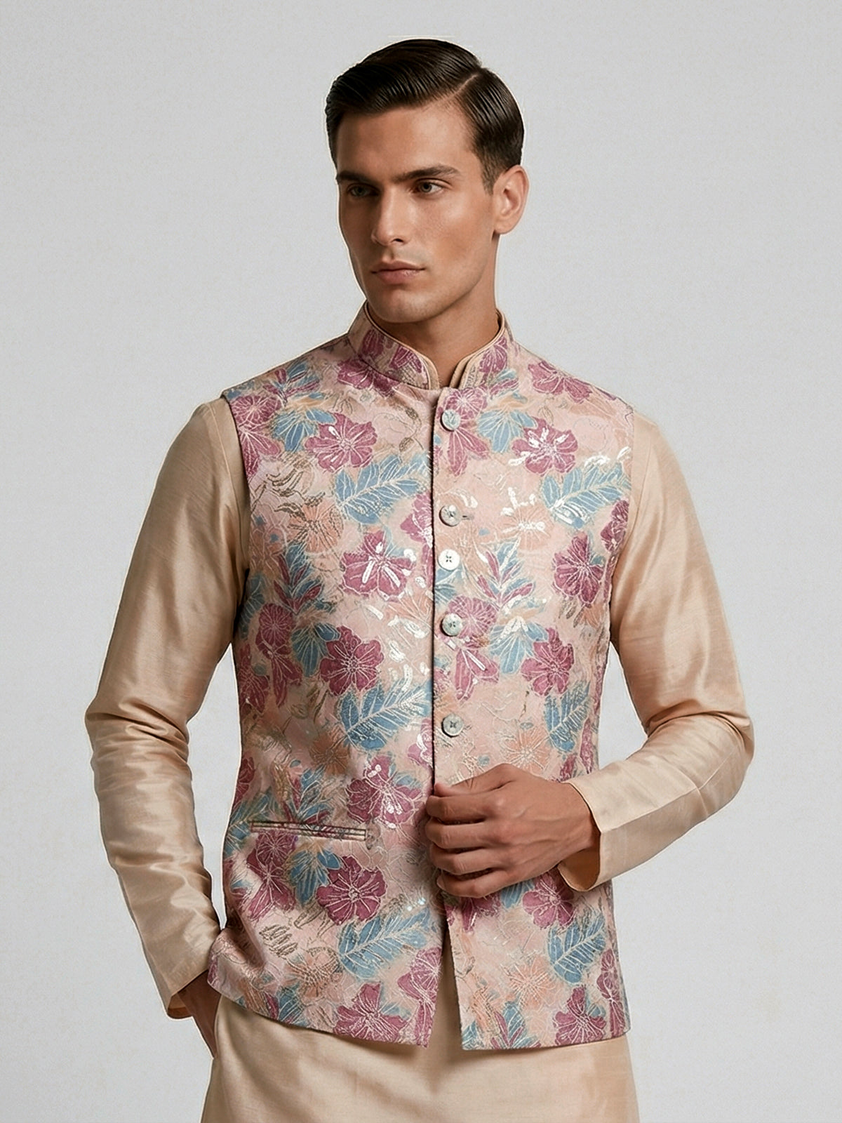 Multicolor silk printed resham festive waistcoat set