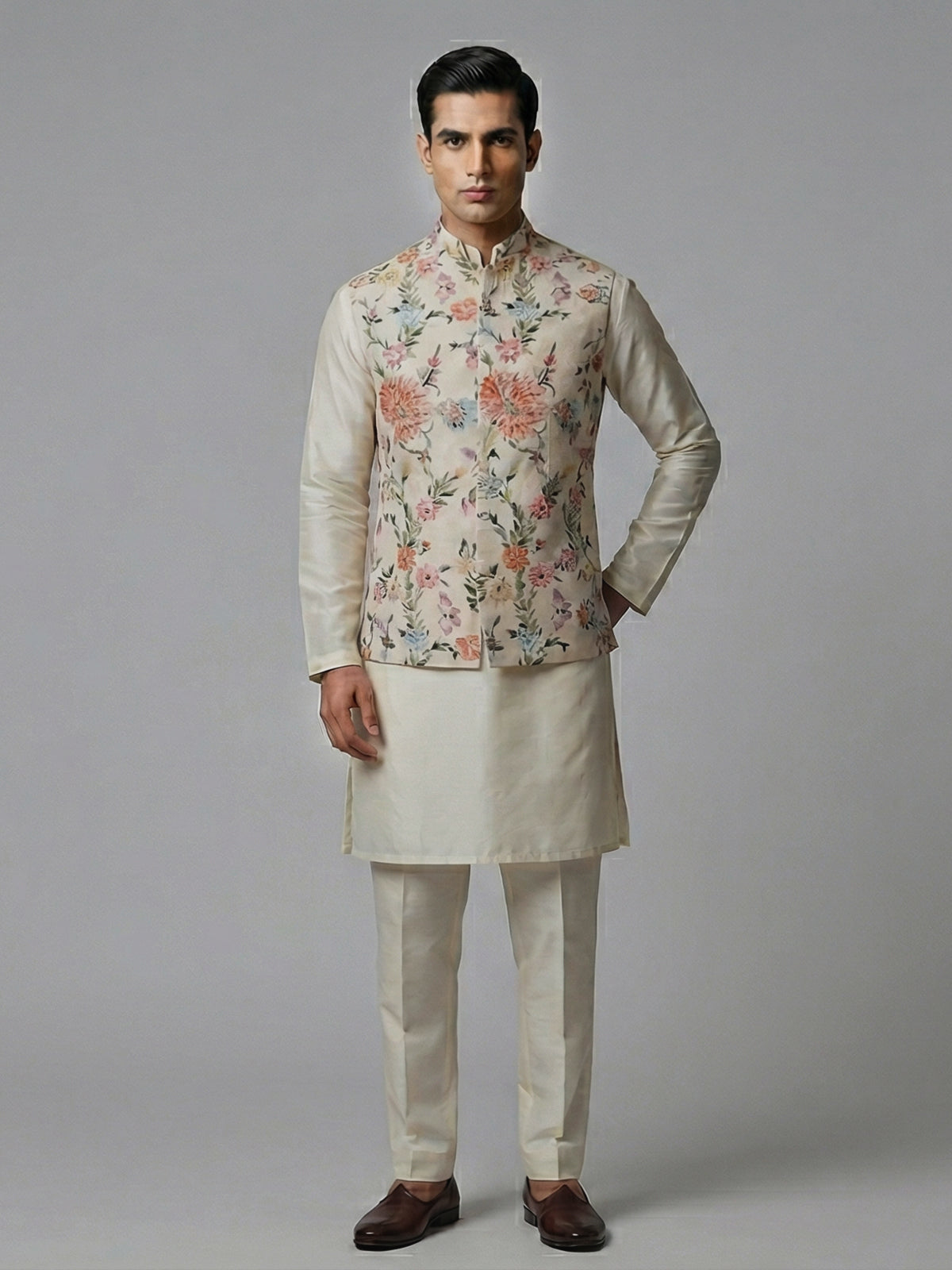 Cream silk floral mirror work festive waistcoat set
