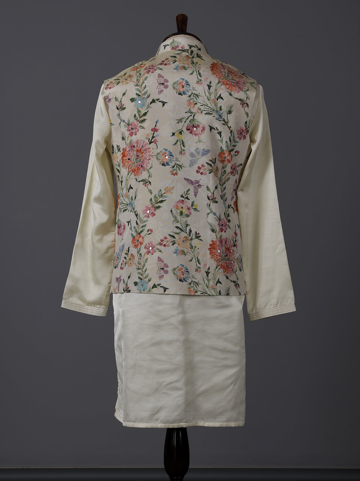 Cream silk floral mirror work festive waistcoat set