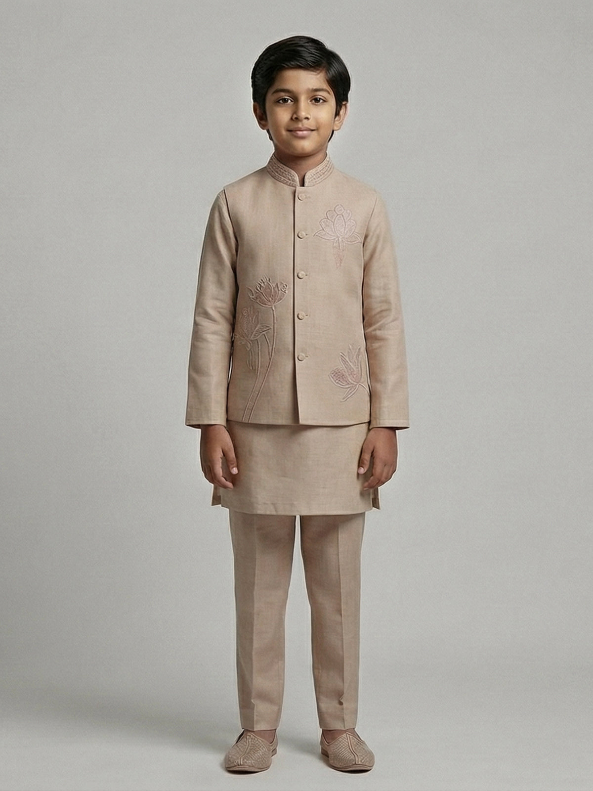 Beige linen embroidered festive wear waistcoat set