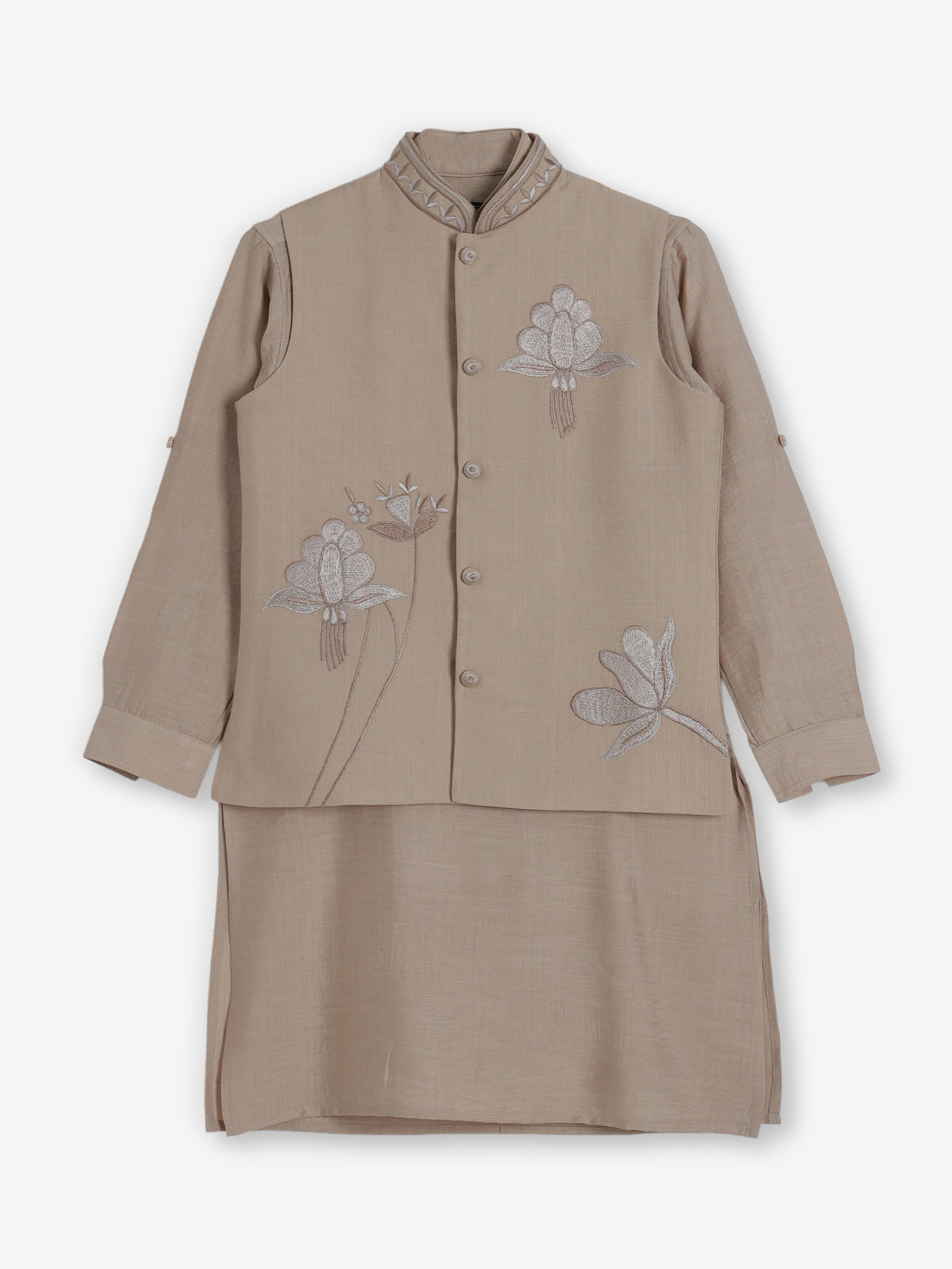 Beige linen embroidered festive wear waistcoat set