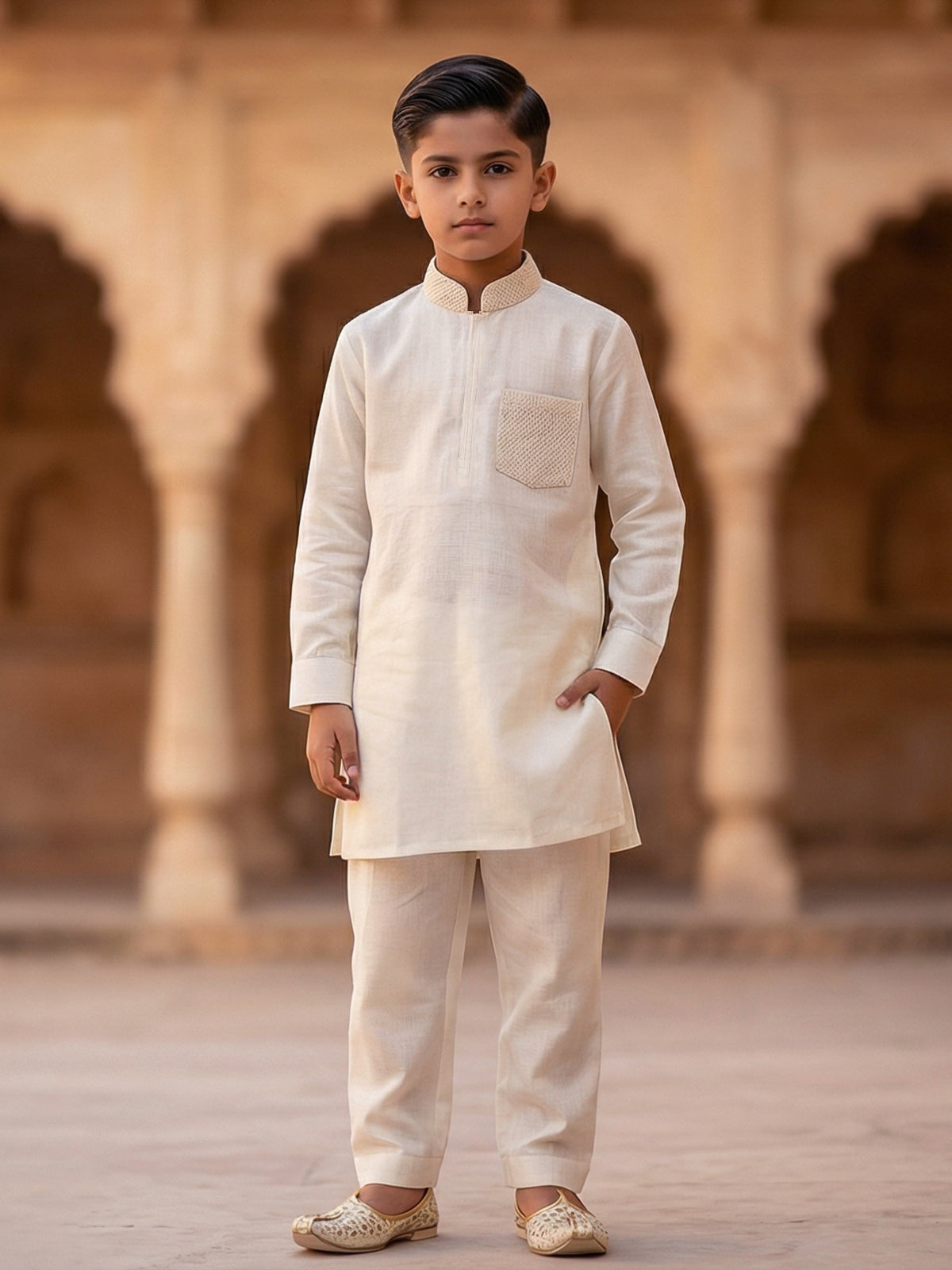 Cream cotton linen festive eid pathani suit