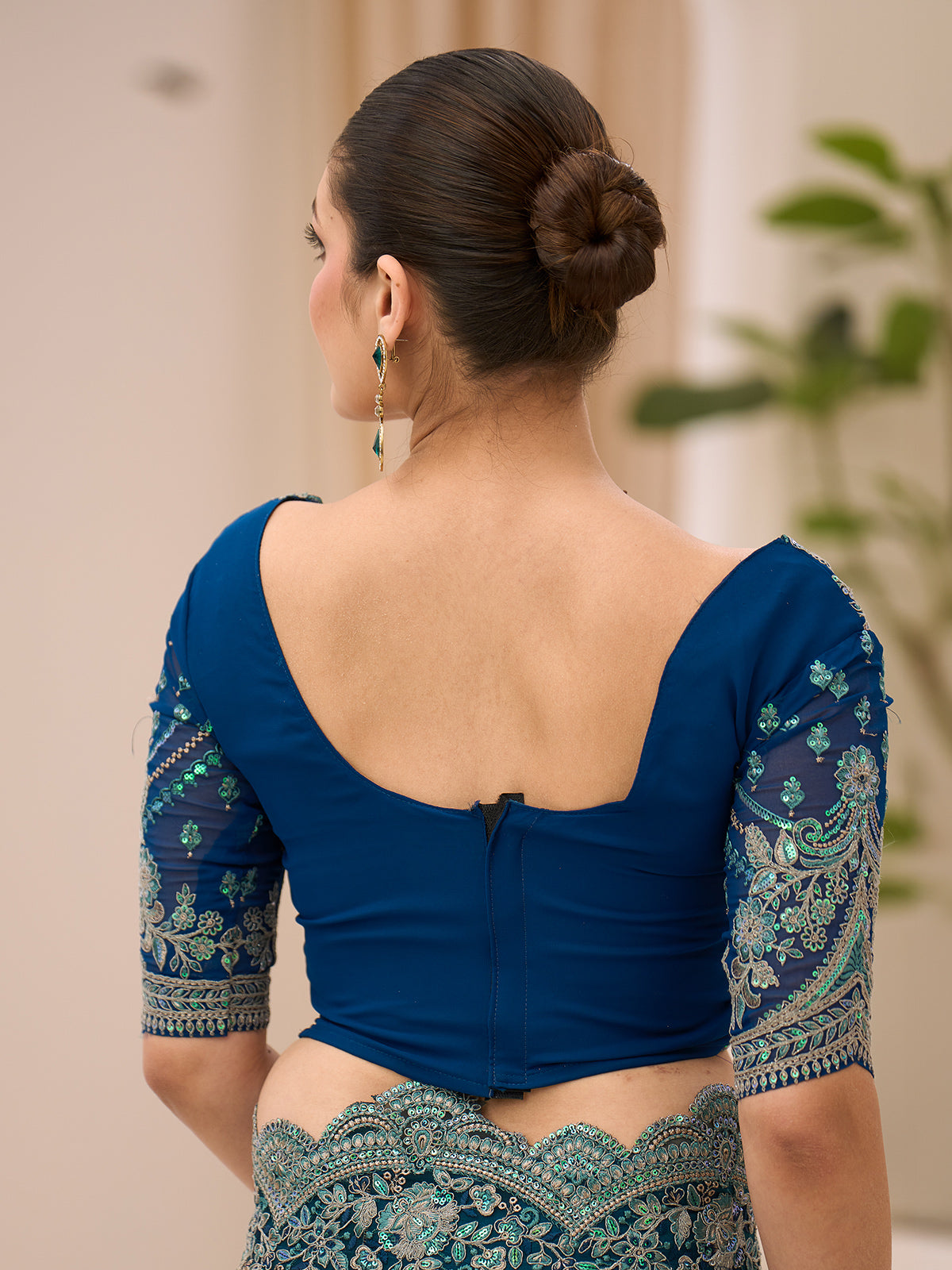 Rama green satin chiffon saree with resham and sequins