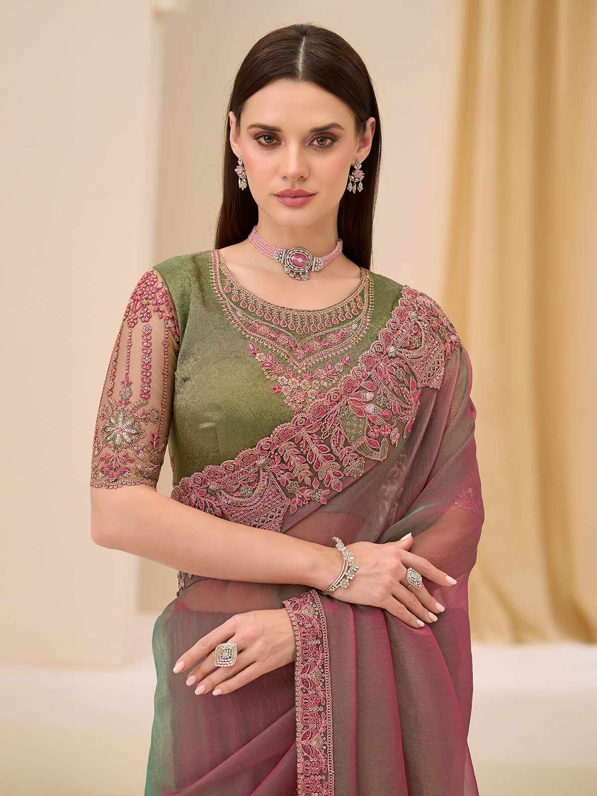 Onion pink dual toned georgette saree
