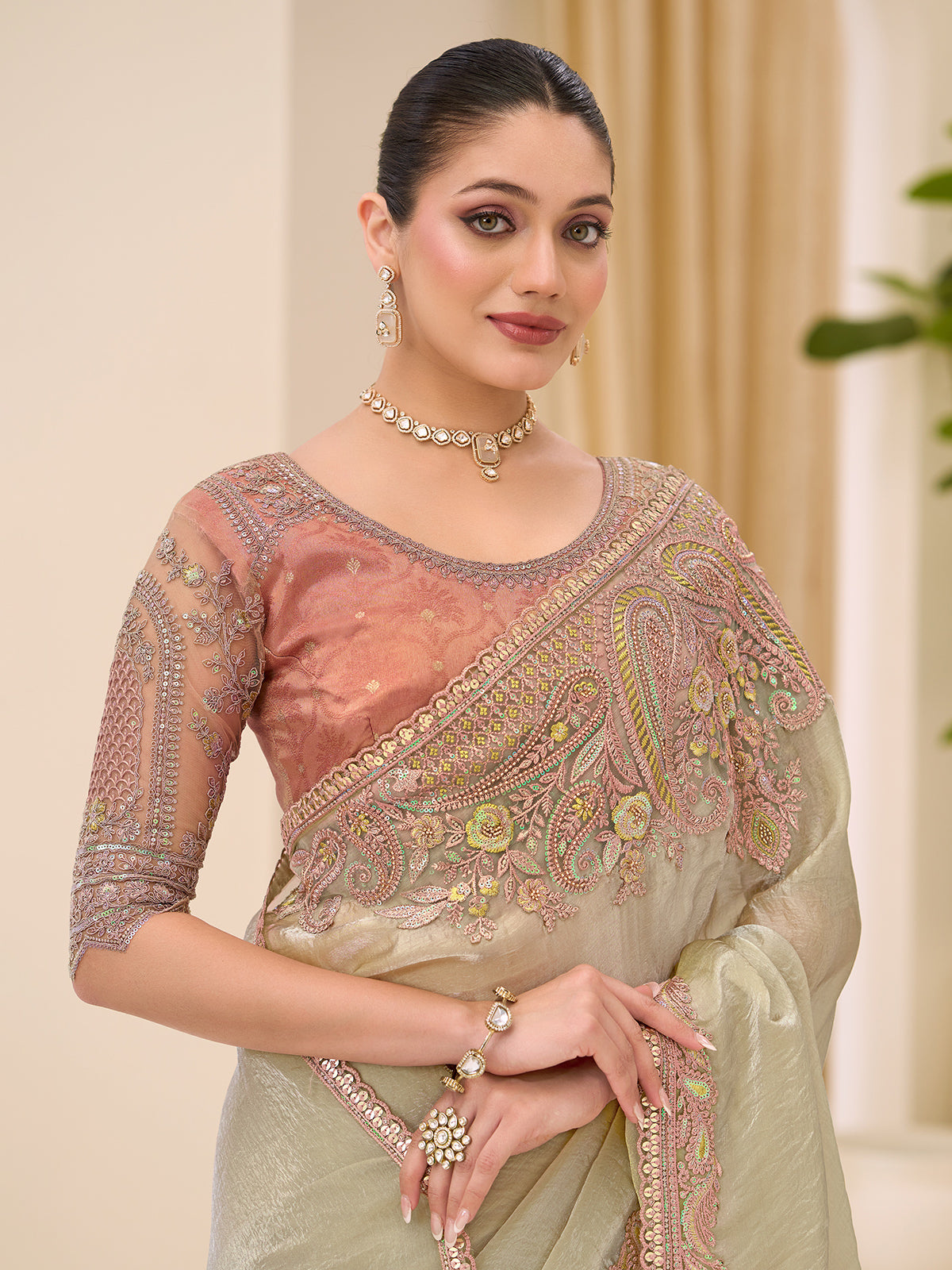 Beige festive wear tissue saree with resham embroidery