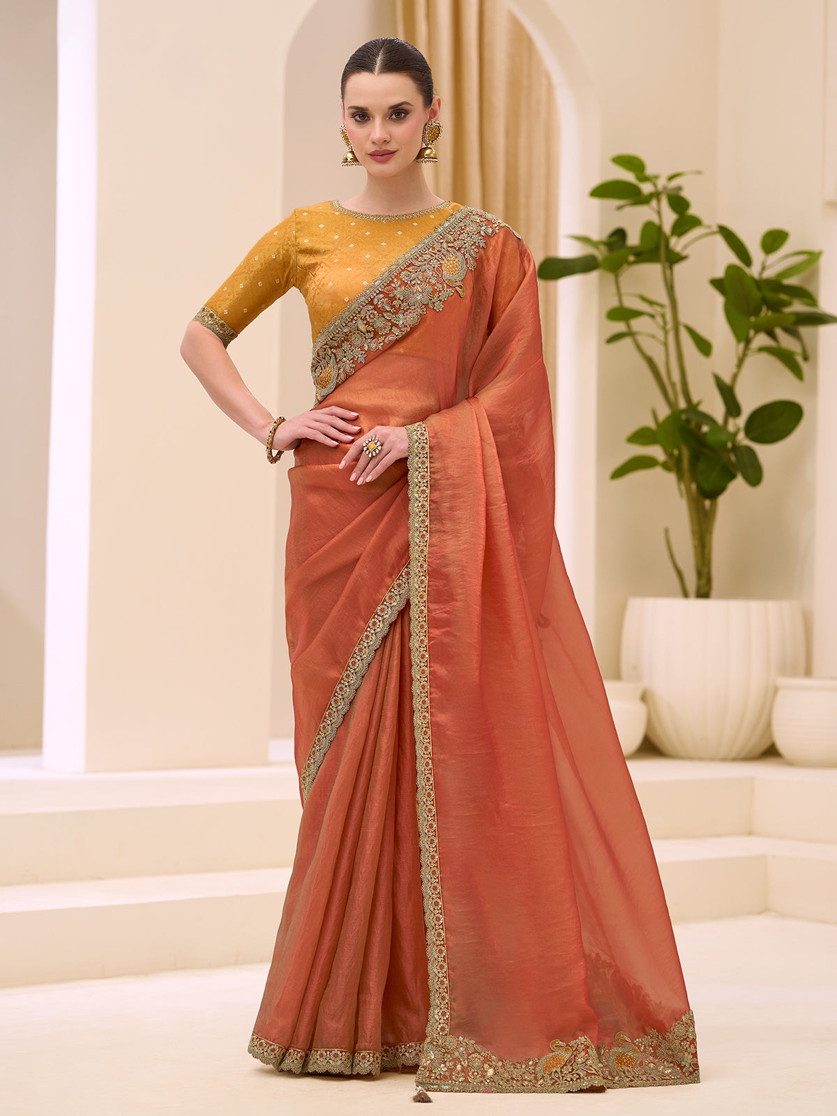Rust orange festive wear silk saree