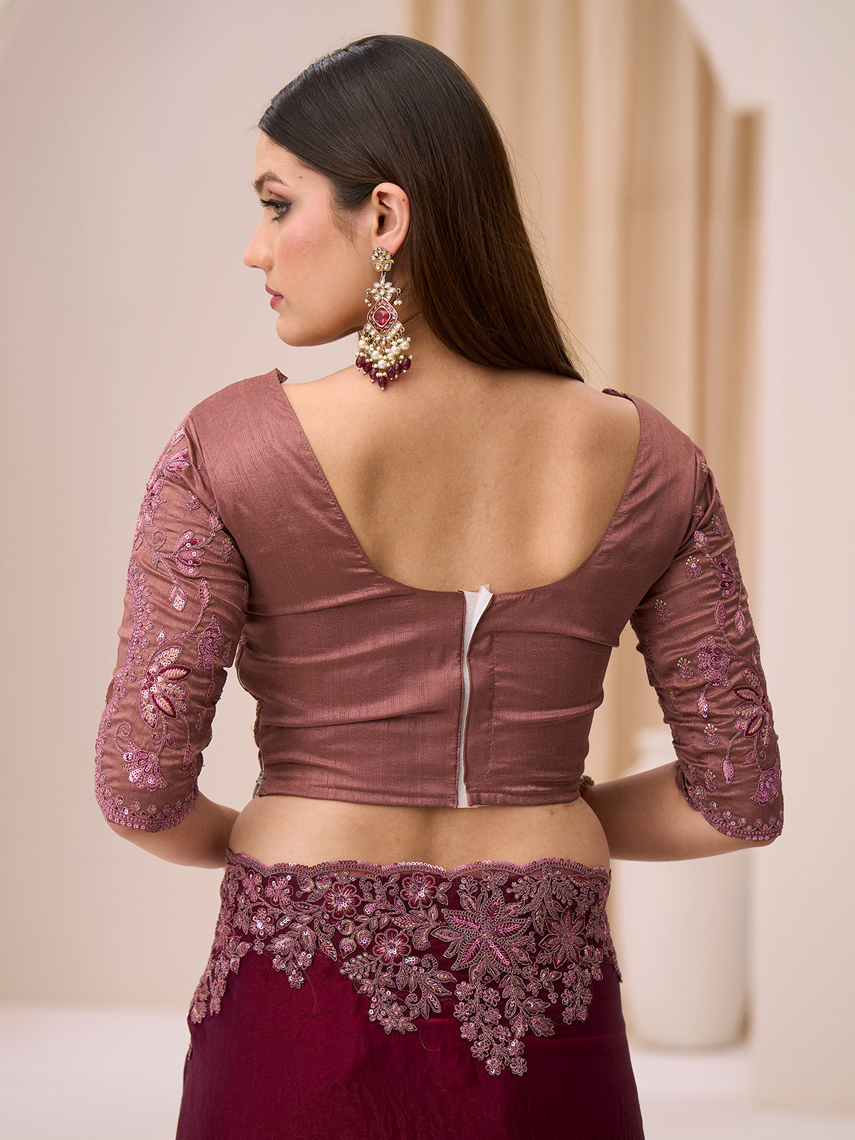 Wine party wear satin silk saree with resham detailing
