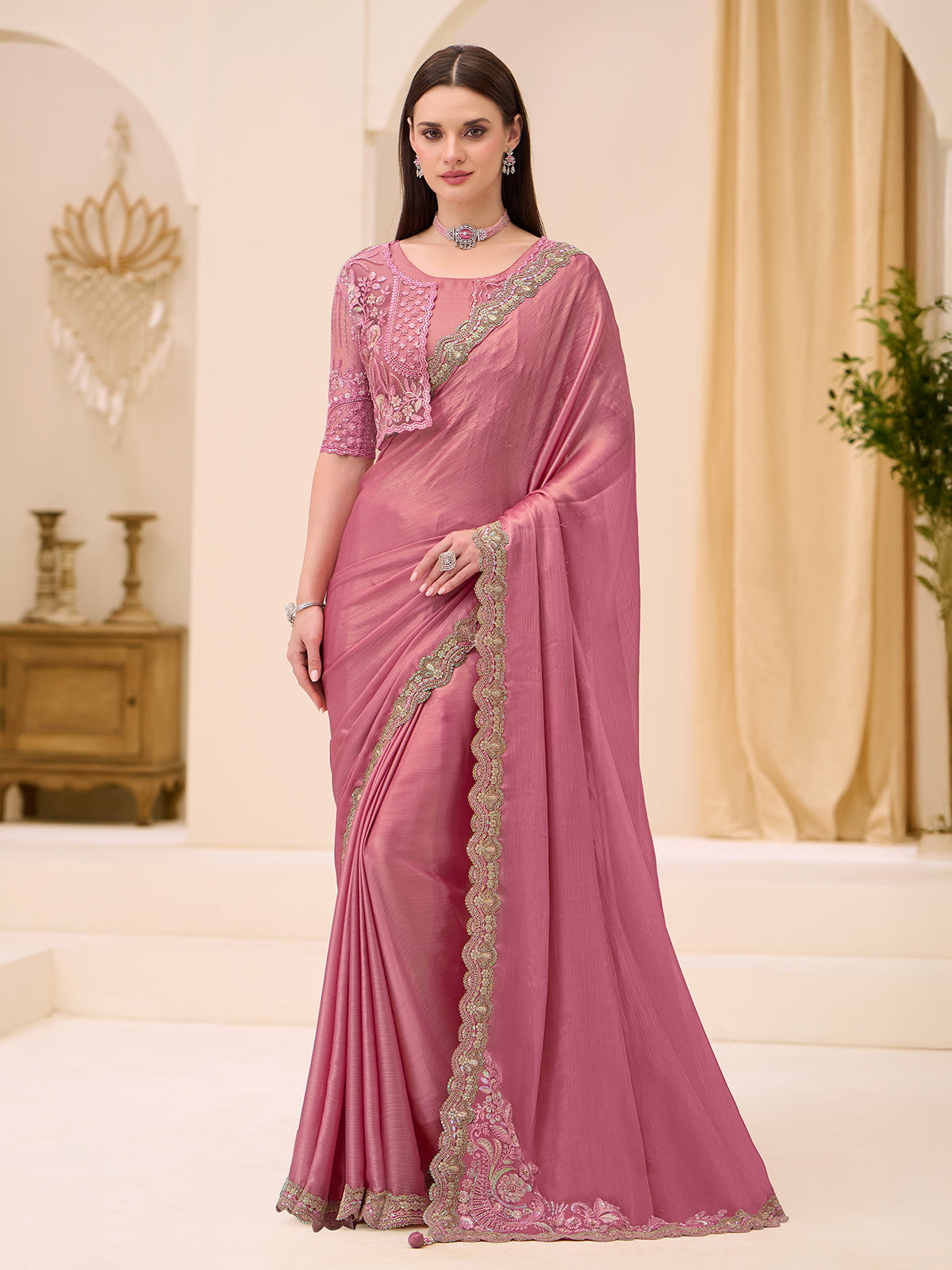 Onion pink festive wear satin saree