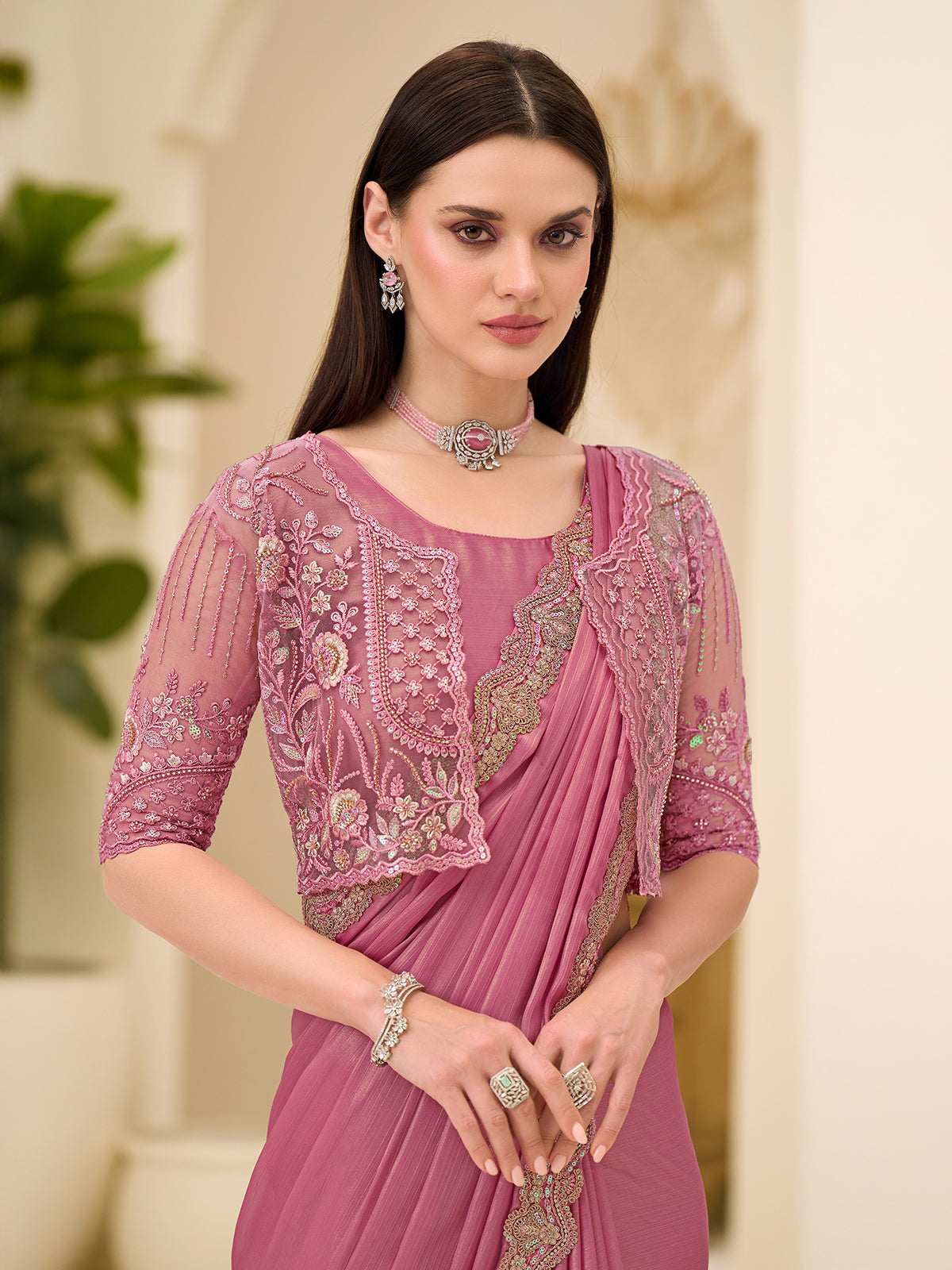 Onion pink festive wear satin saree